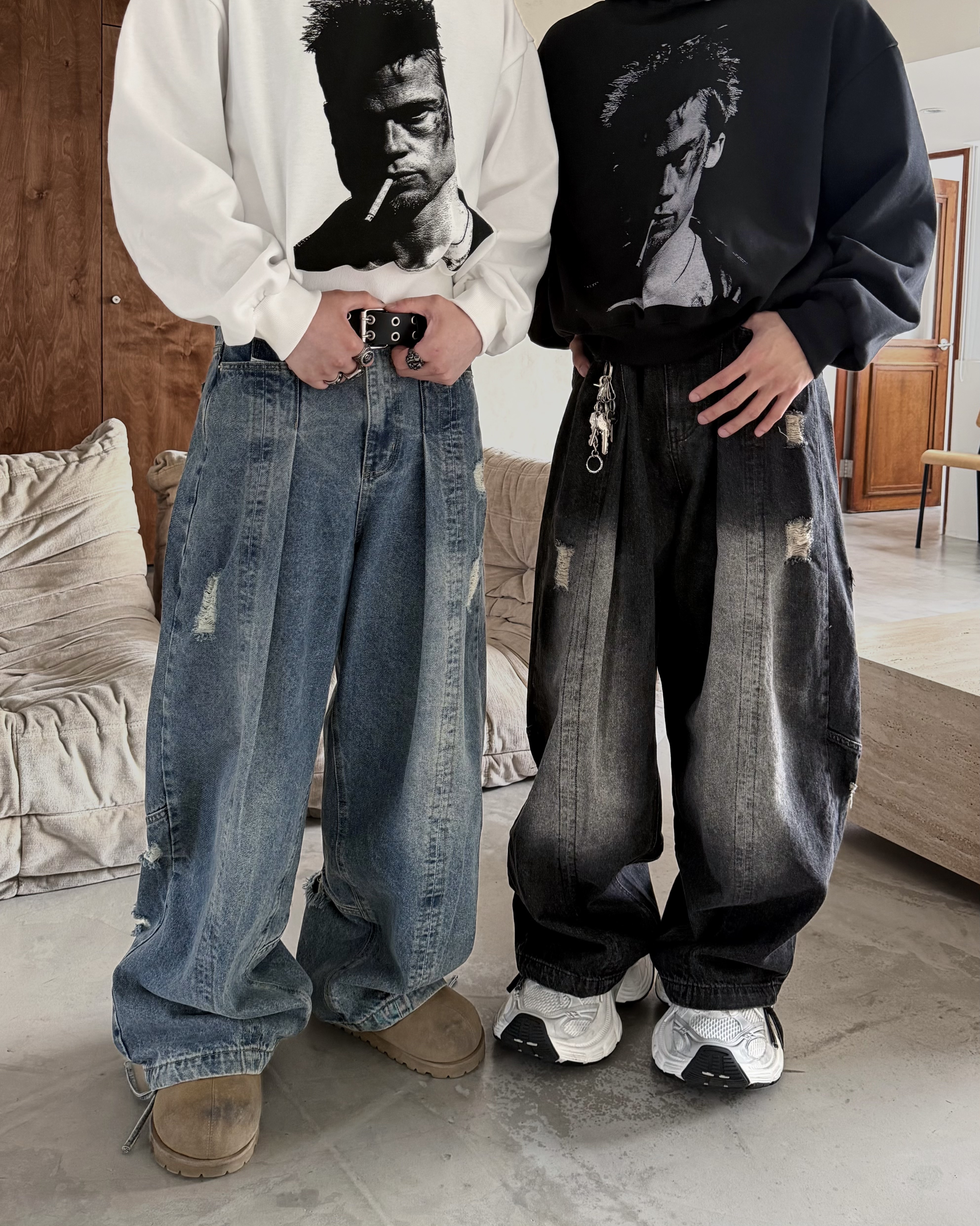 𝐇·𝐓·𝐒 韓國 ANNA同款 立體折線 復古水洗 破壞 刷白 牛仔 長褲