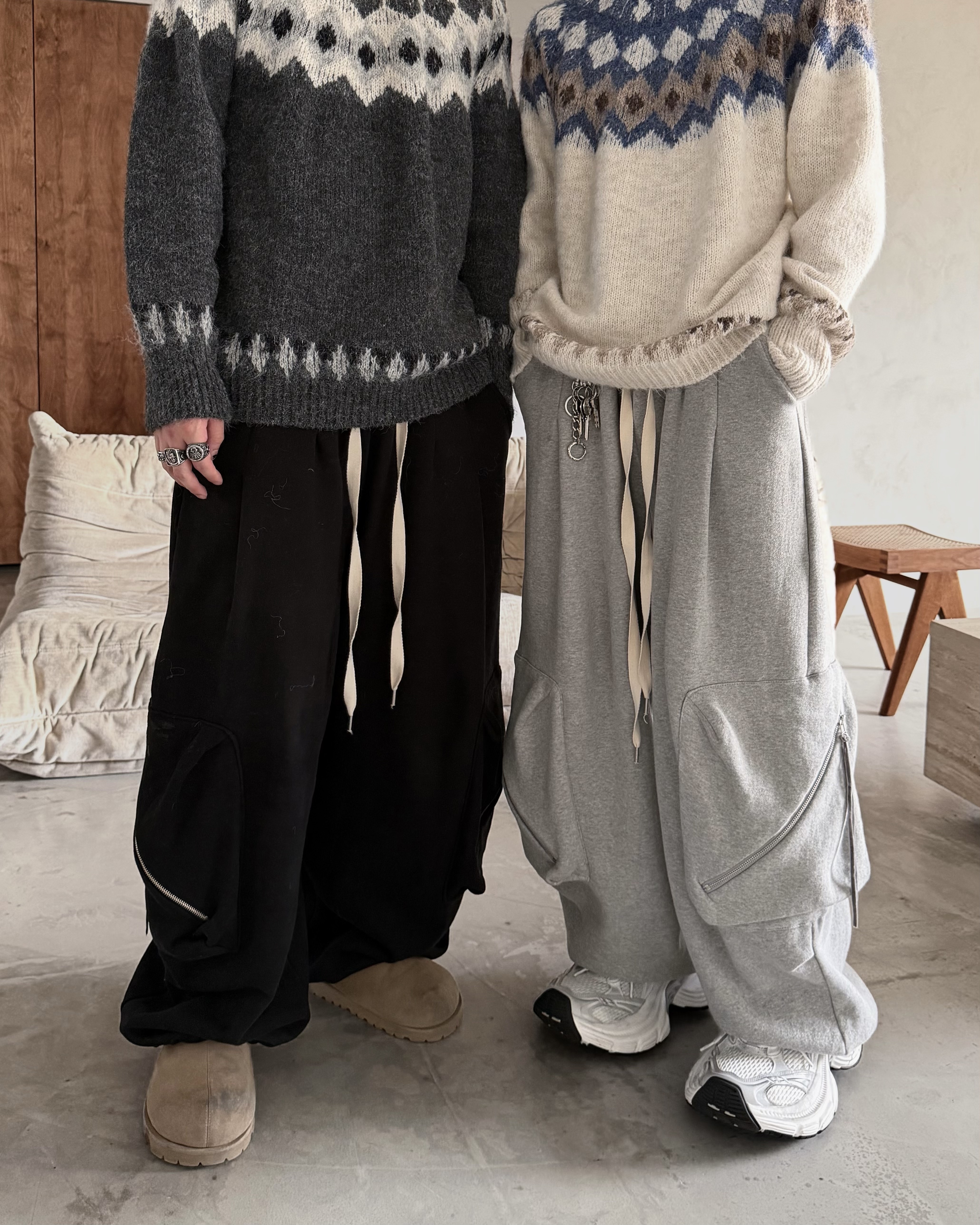𝐇·𝐓·𝐒 韓國 雙口袋 拉鏈設計 氣球感 重磅 寬版 抽繩 男女 棉褲 長褲