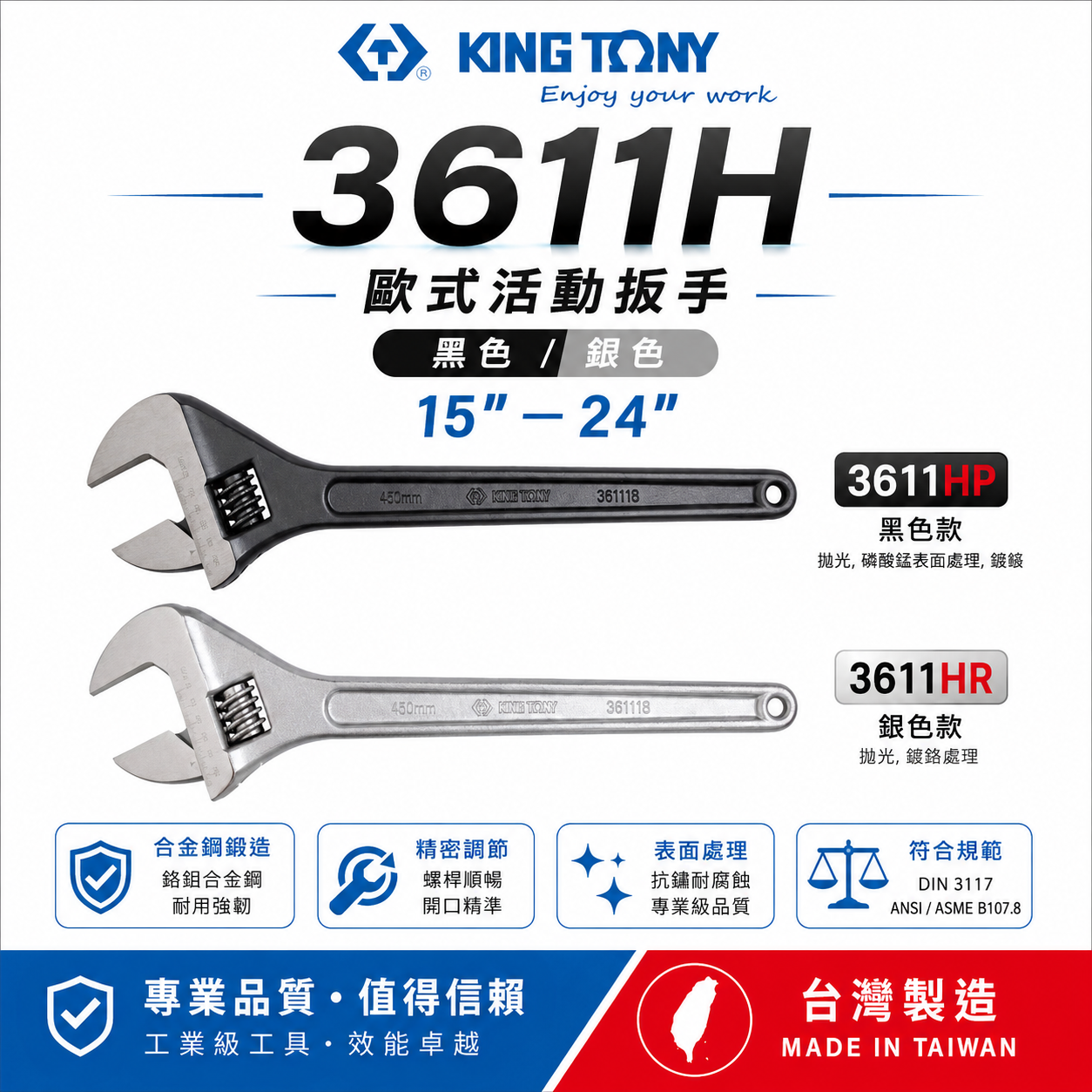 KING TONY 金統立 台灣製｜黑色 / 銀色日式活動板手 大開口活動扳手｜3611H｜15吋-24吋