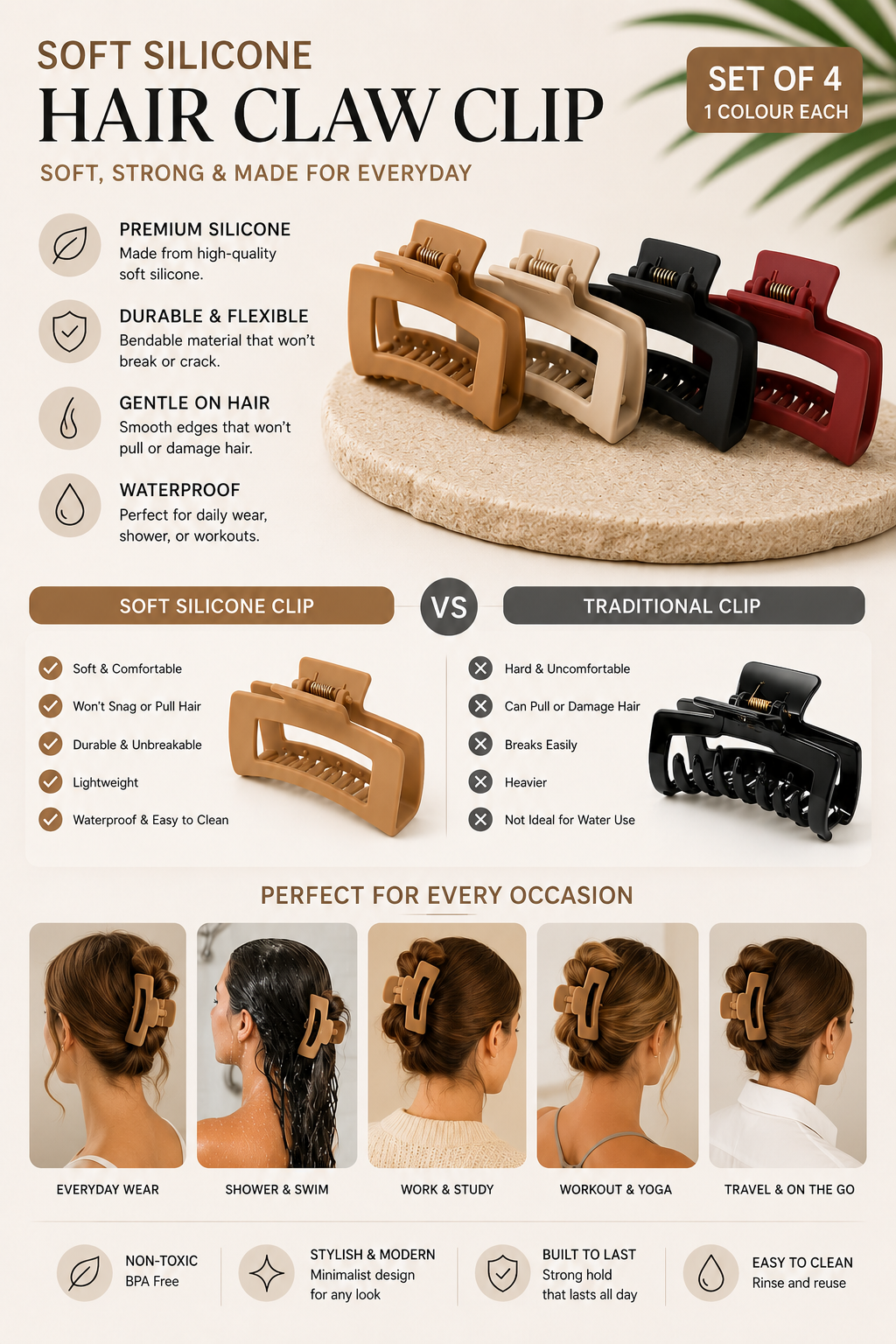 CN237 [Set of 4 - 1 Colour EA] Soft Silicone Hair Claw Clip