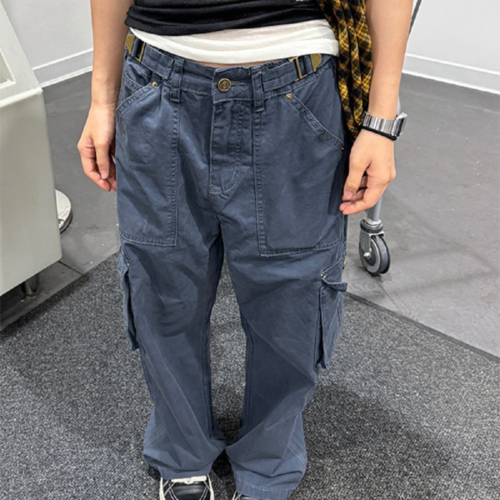 【ASister 小姊姊】AS2470#男女裝｜休閒褲☆工裝多口袋直筒寬褲(藏青色 M-3XL)