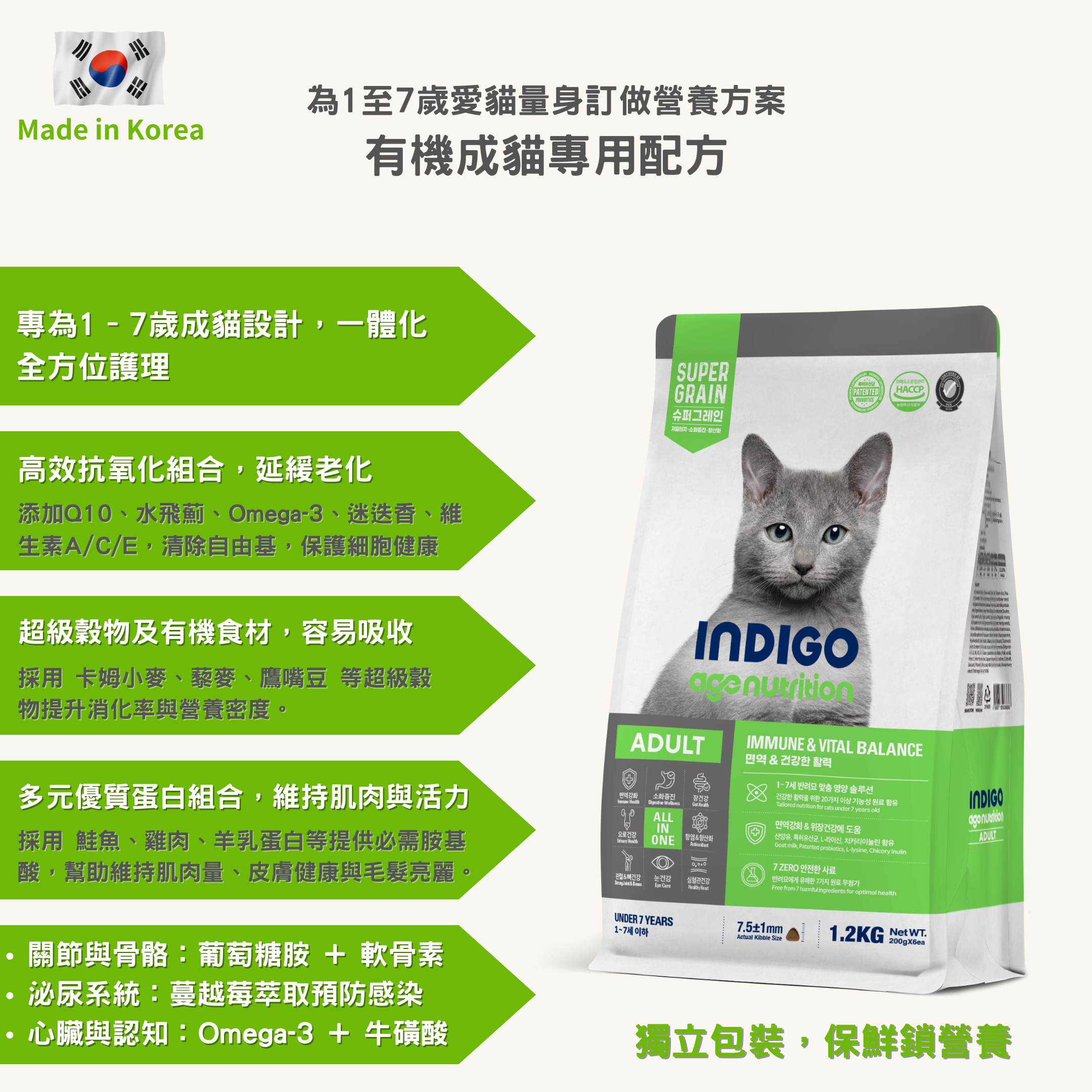 INDIGO Age Nutrition 有機配方 貓糧 1.2KG (200g*6小包)