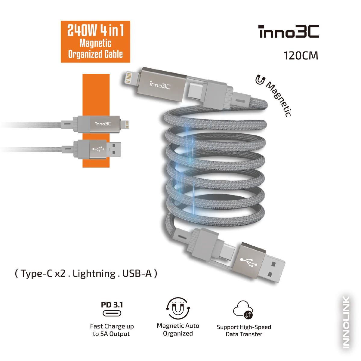 i-4M240-12 240W 4 in 1 Magnetic Organized Cable 120cm