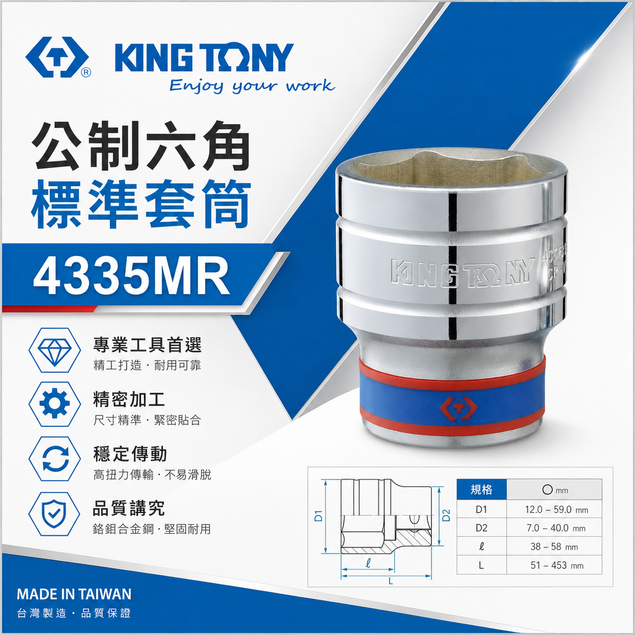 KING TONY 金統立｜6-46mm 四分 六角標準套筒 1/2" 4分手動短套筒｜4335M｜4335｜4335MR｜台灣製｜公司貨
