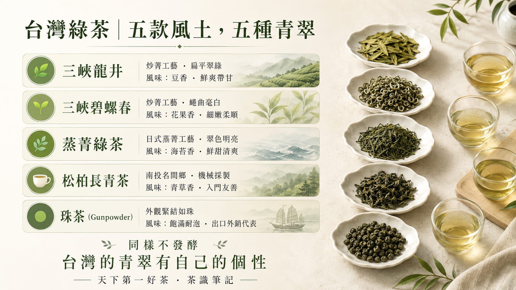 台灣五大綠茶種類對照圖，三峽龍井、三峽碧螺春、蒸菁綠茶、松柏長青、珠茶的工藝與風味特色