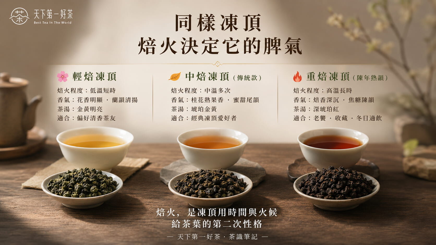 凍頂烏龍茶三種焙火程度風味光譜圖，輕焙花香、中焙桂花熟果、重焙焦糖陳韻的差異對照