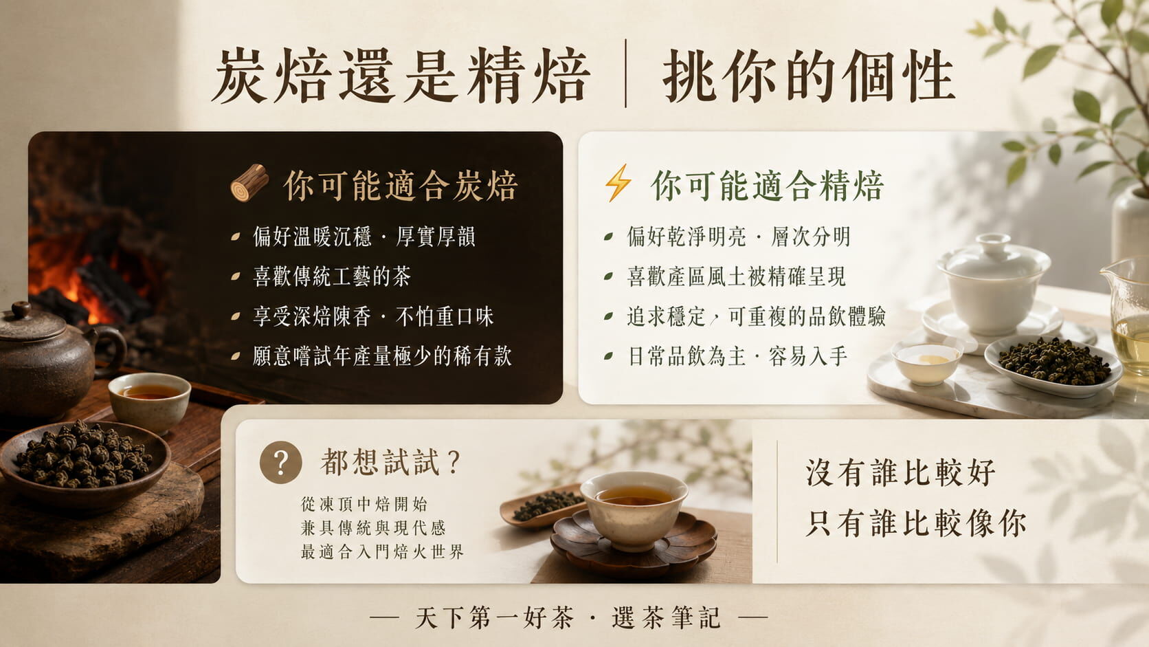 炭焙與精焙烏龍茶選擇指南圖,依據風味偏好、品飲場景、入門難度的判斷建議