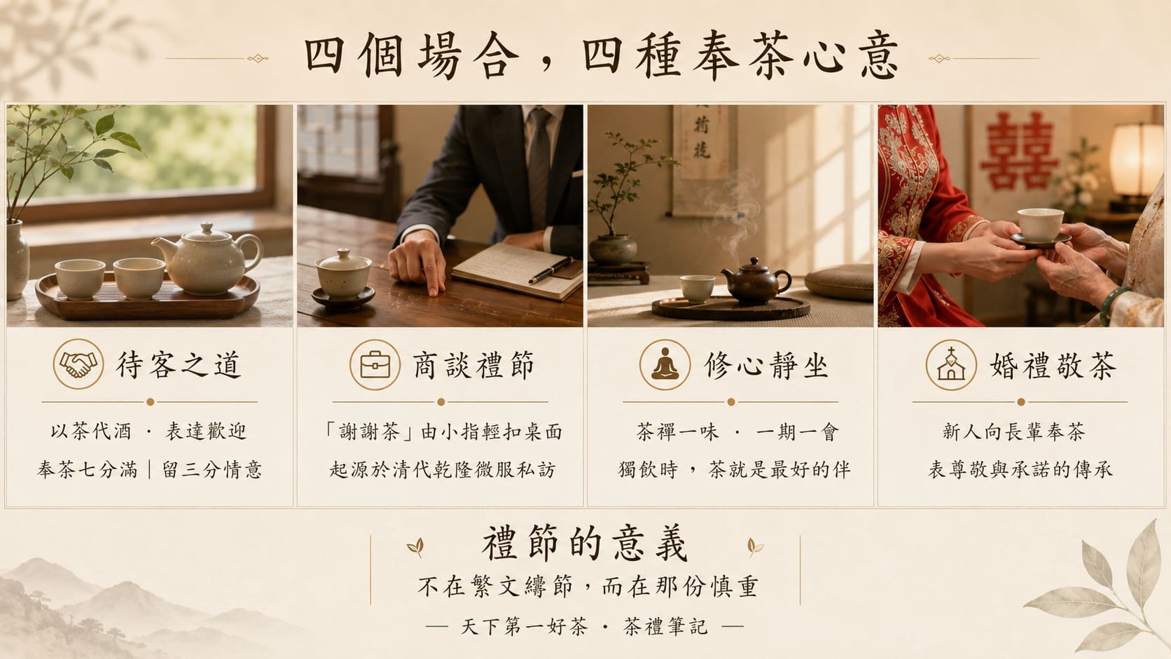 茶文化五千年發展歷史時間軸，神農、唐代陸羽茶經、宋代點茶鬥茶、明清沖泡法、現代台灣高山茶