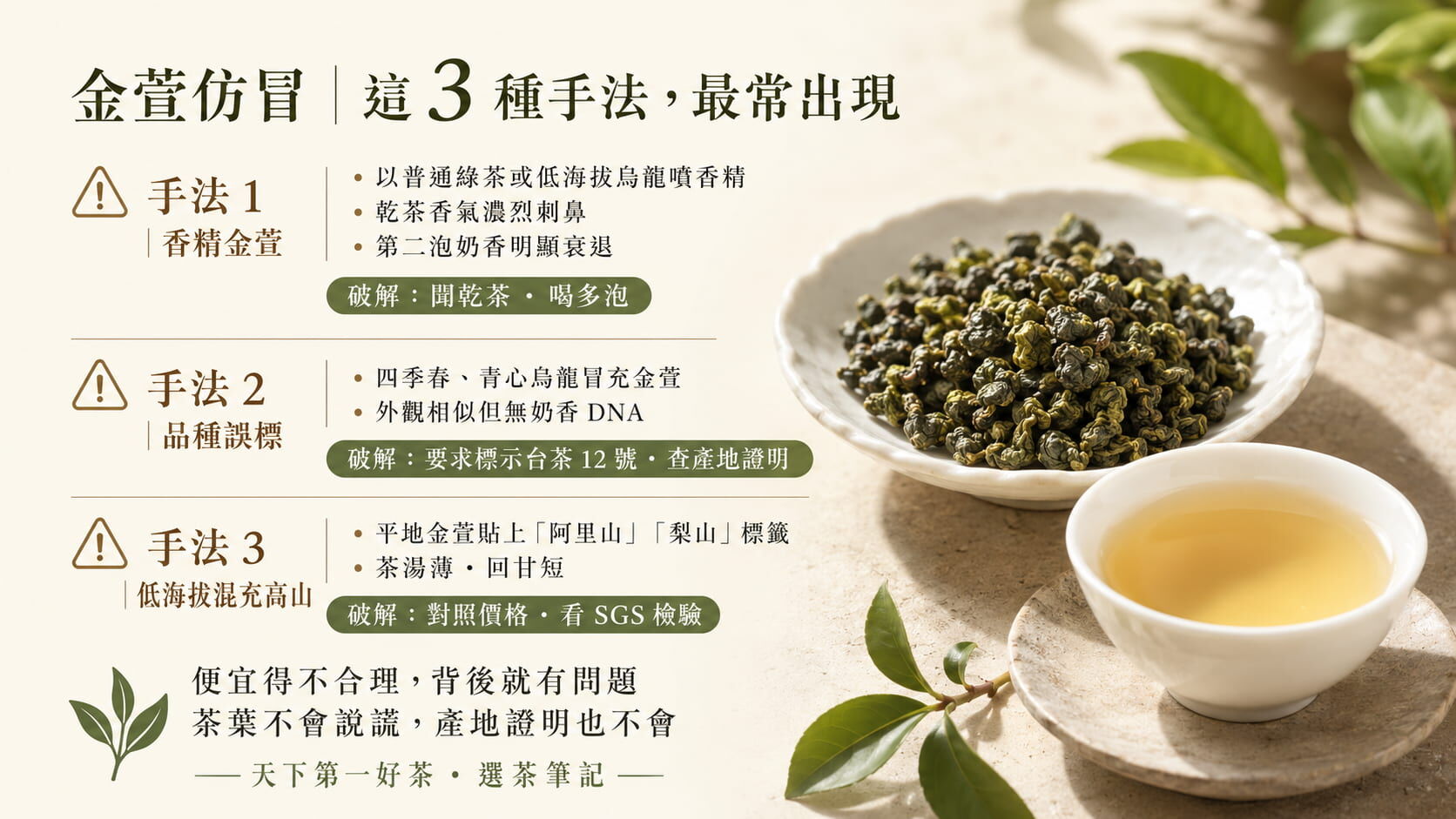 金萱茶三種常見仿冒手法揭露圖，香精金萱、品種誤標、低海拔混充高山的辨別重點與破解方法