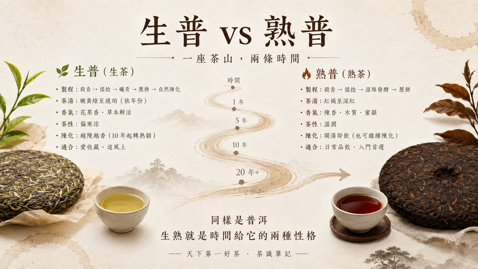 生普與熟普完整差異對照圖，製程、茶湯、香氣、茶性、陳化價值、適合對象的六項比較