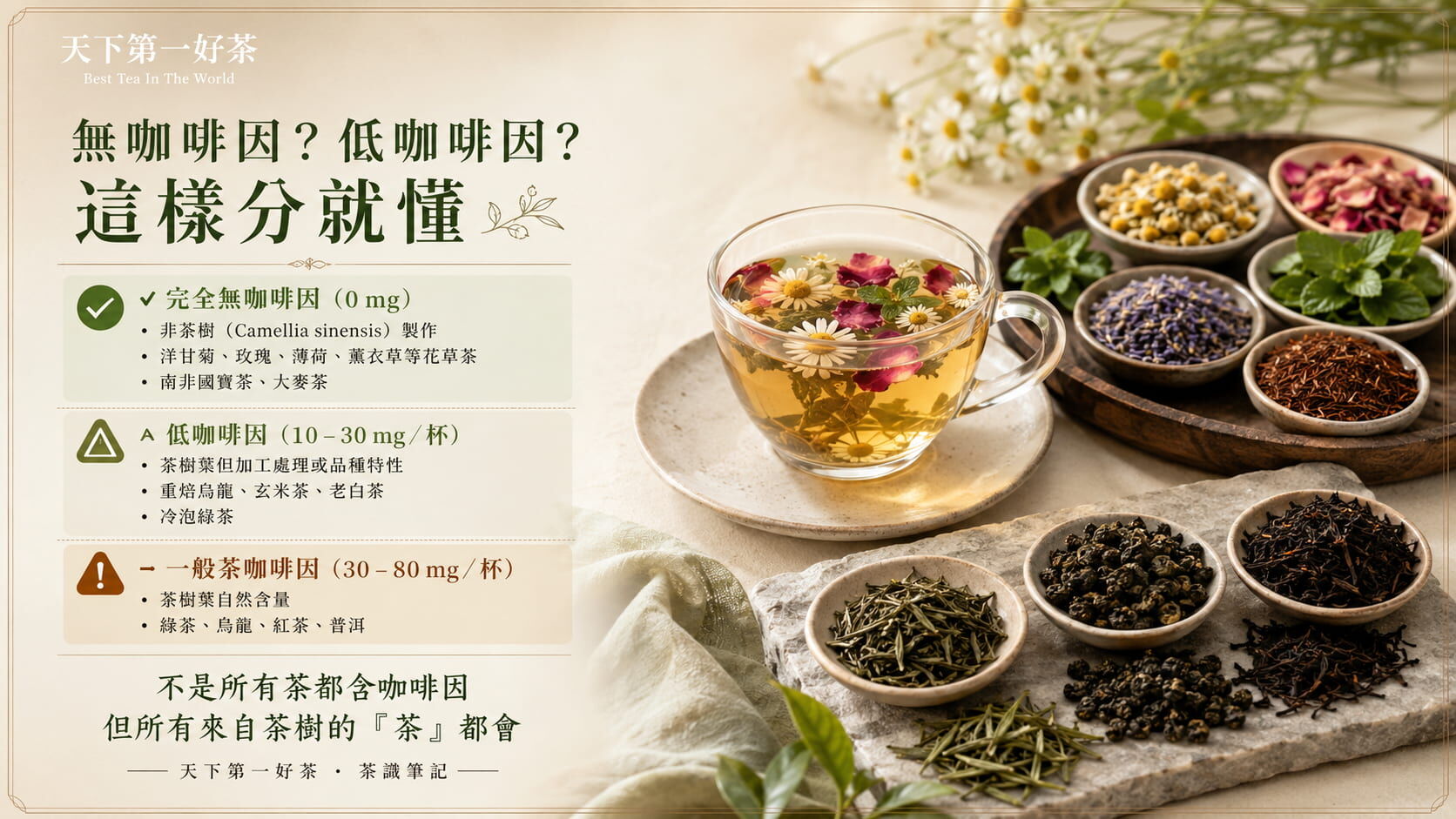 無咖啡因與低咖啡因與一般茶三層咖啡因含量對照圖，花草茶為0毫克、低咖啡因茶10至30毫克、一般茶30至80毫克