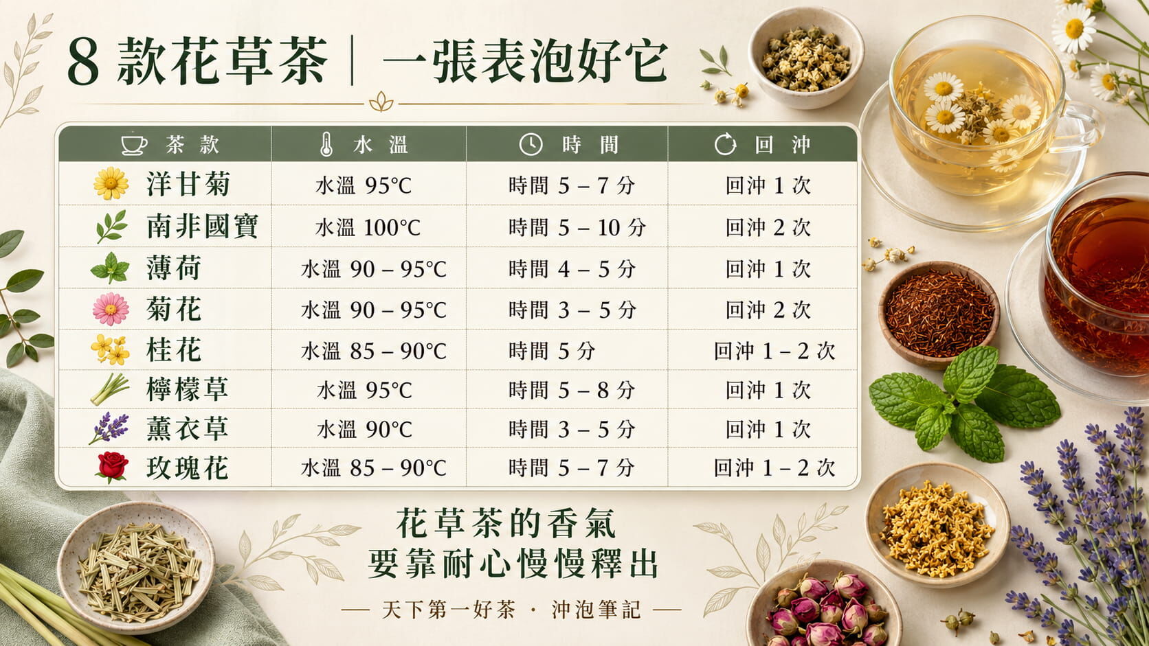八款無咖啡因花草茶沖泡參數速查表，洋甘菊、南非國寶、薄荷、菊花、桂花、檸檬草、薰衣草、玫瑰花的水溫、時間、回沖次數對照