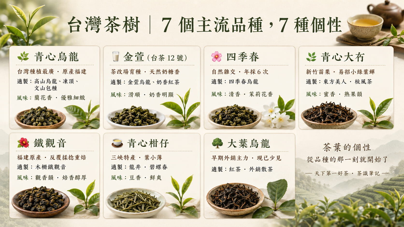 台灣七大茶樹品種總覽圖，青心烏龍、金萱、四季春、青心大冇、鐵觀音、青心柑仔、大葉烏龍的適製茶類與風味特色