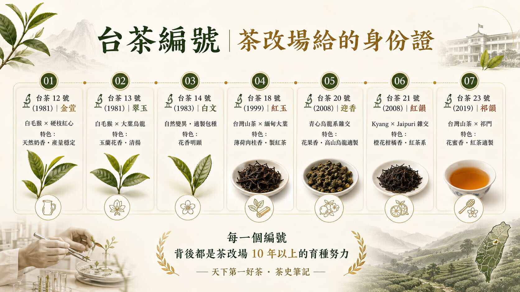 台茶編號系統視覺表，台茶12號金萱、13號翠玉、14號白文、18號紅玉、20號迎香、21號紅韻、23號祁韻的雜交育成與風味特色