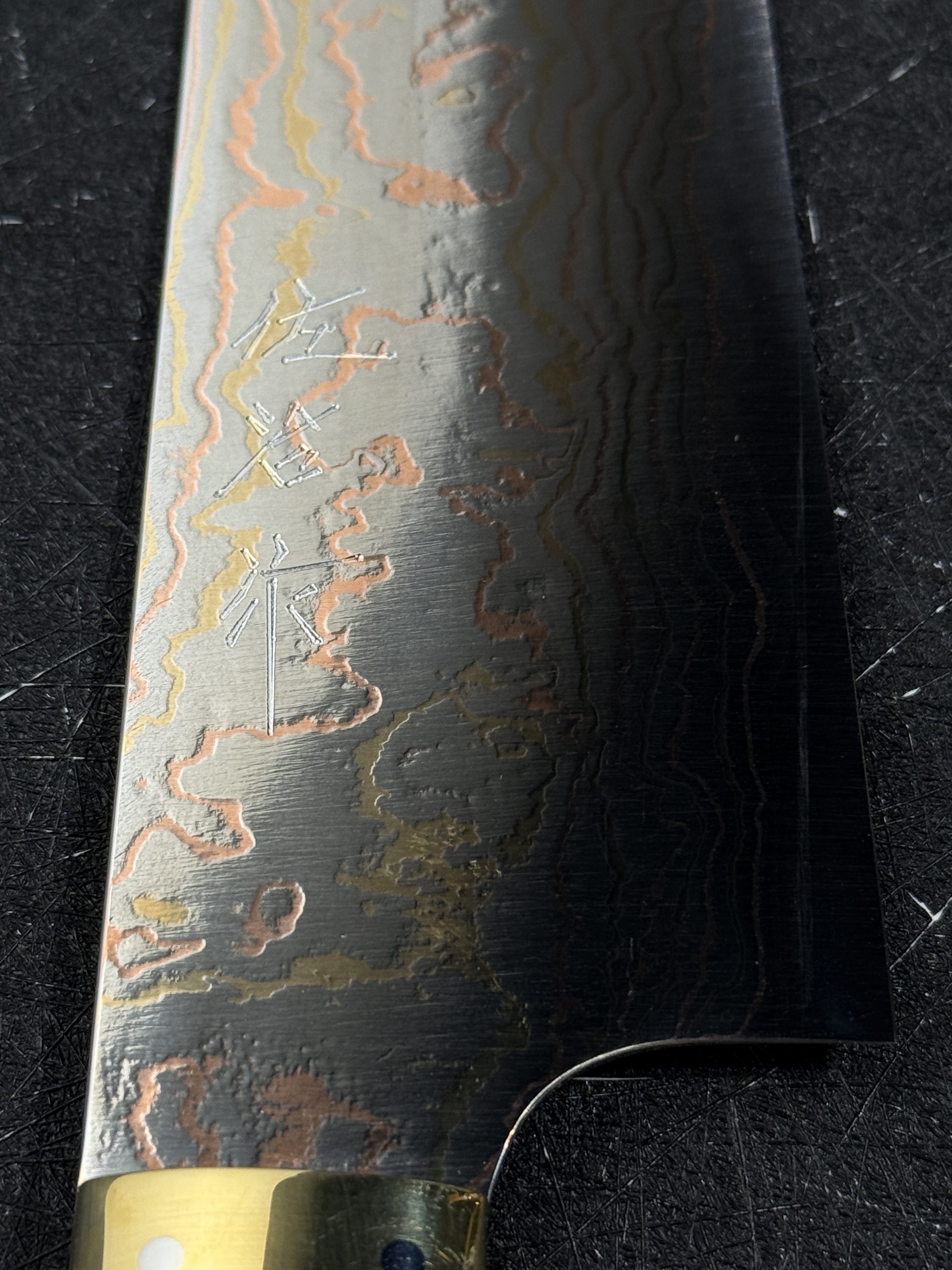 Takeshi Saji Blue2 Rainbow Damascus Bunka Western Corian Handle