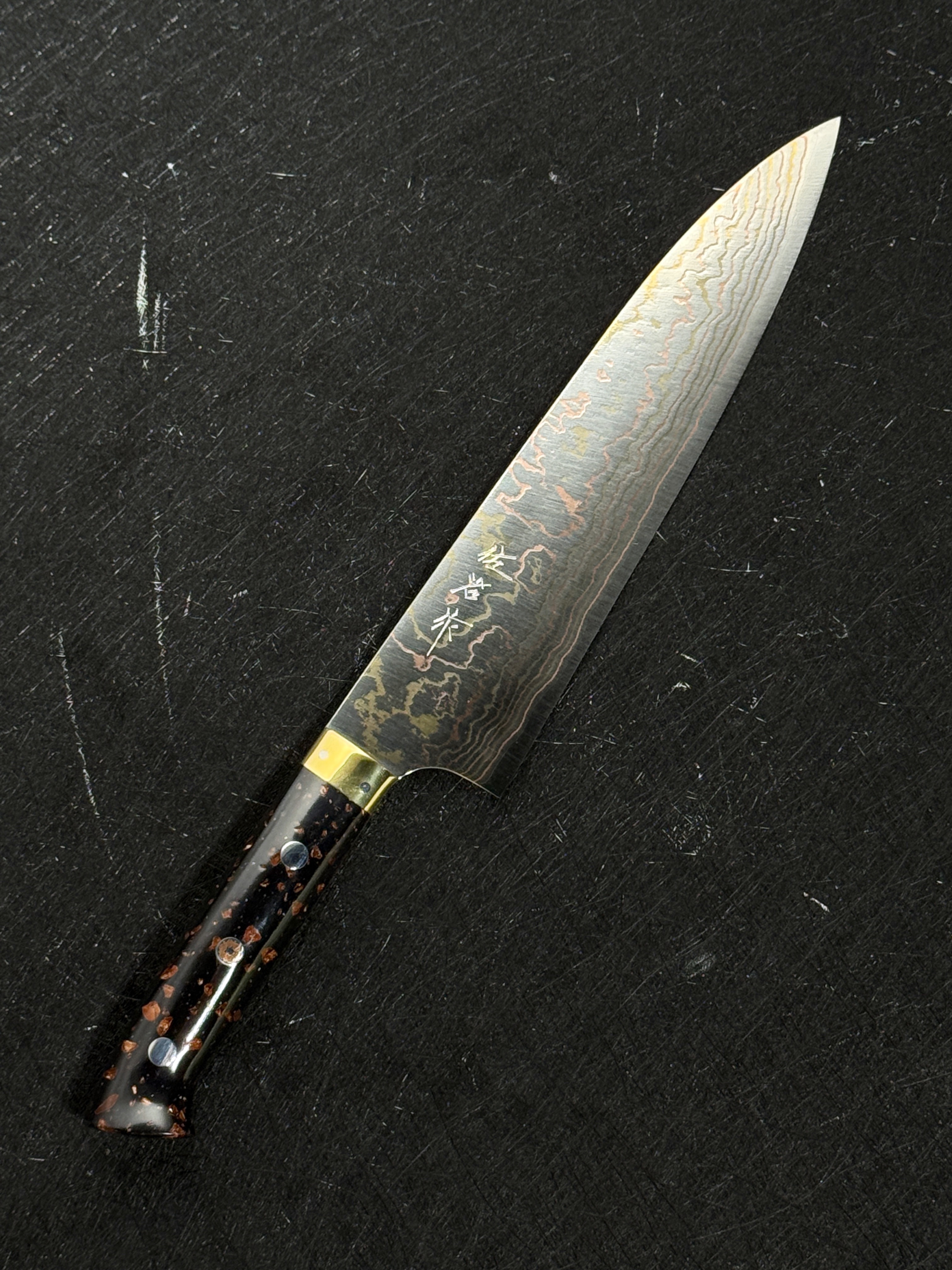 Takeshi Saji Blue2 Rainbow Damascus Gyuto Western Corian Handle