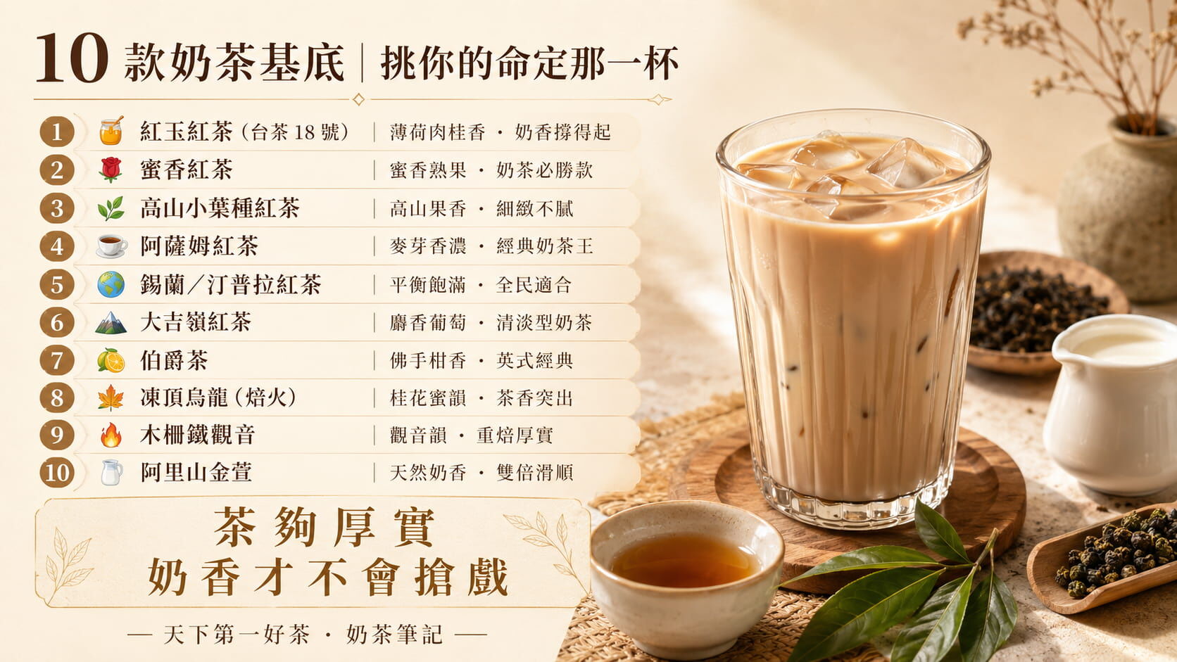 十款奶茶基底茶推薦速覽圖，紅玉、蜜香、高山小葉、阿薩姆、錫蘭、大吉嶺、伯爵、凍頂、鐵觀音、金萱的風味特色