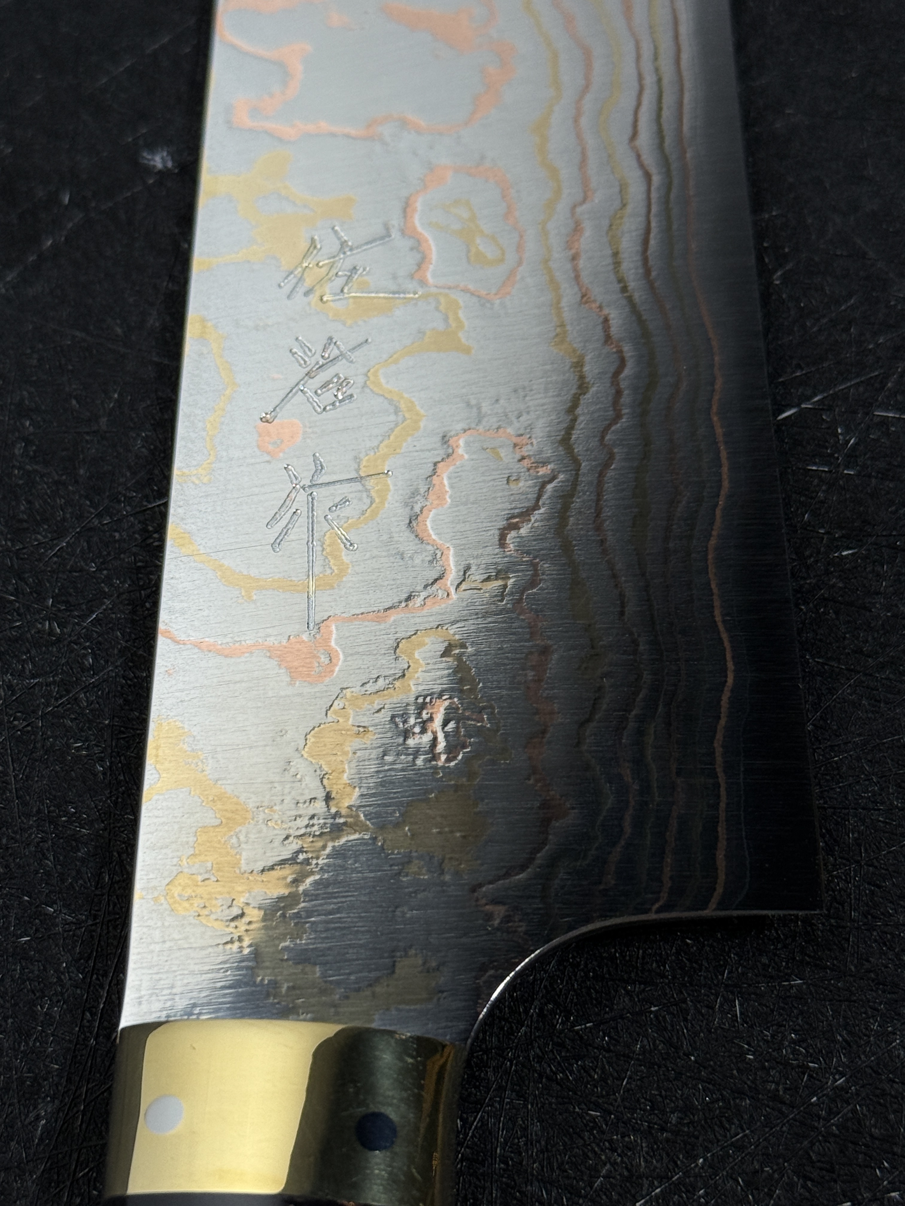 Takeshi Saji Blue2 Rainbow Damascus Gyuto Western Corian Handle