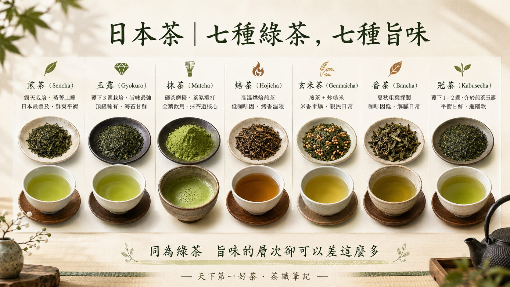 日本茶七大種類風味光譜圖，煎茶、玉露、抹茶、焙茶、玄米茶、番茶、冠茶的栽培方式、製程與風味特色