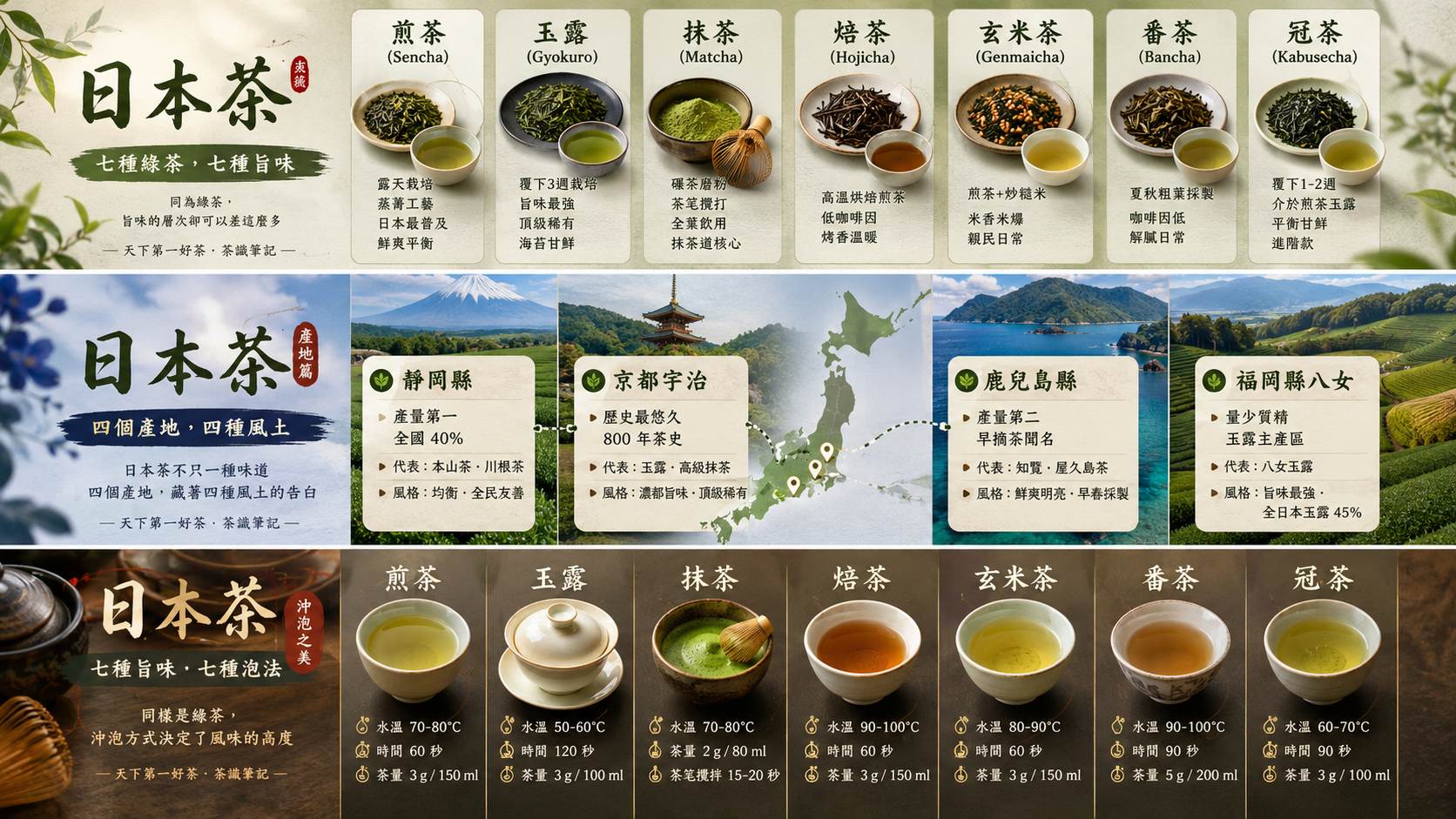 日本茶四大產地地圖，靜岡縣、京都宇治、鹿兒島縣、福岡縣八女的產量比重、風格與代表茶款