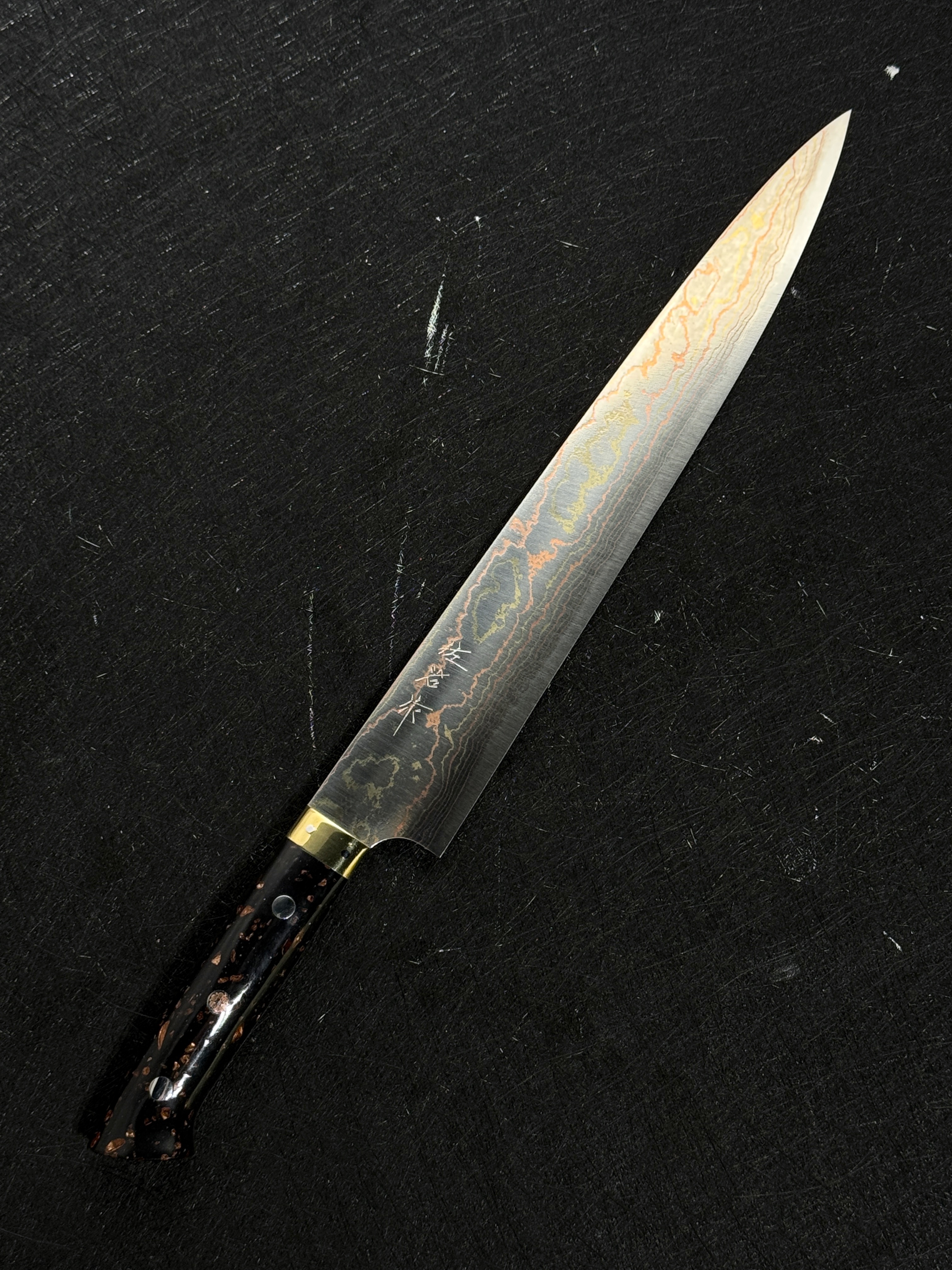 Takeshi Saji Blue2 Rainbow Damascus Sujihiki Western Corian Handle