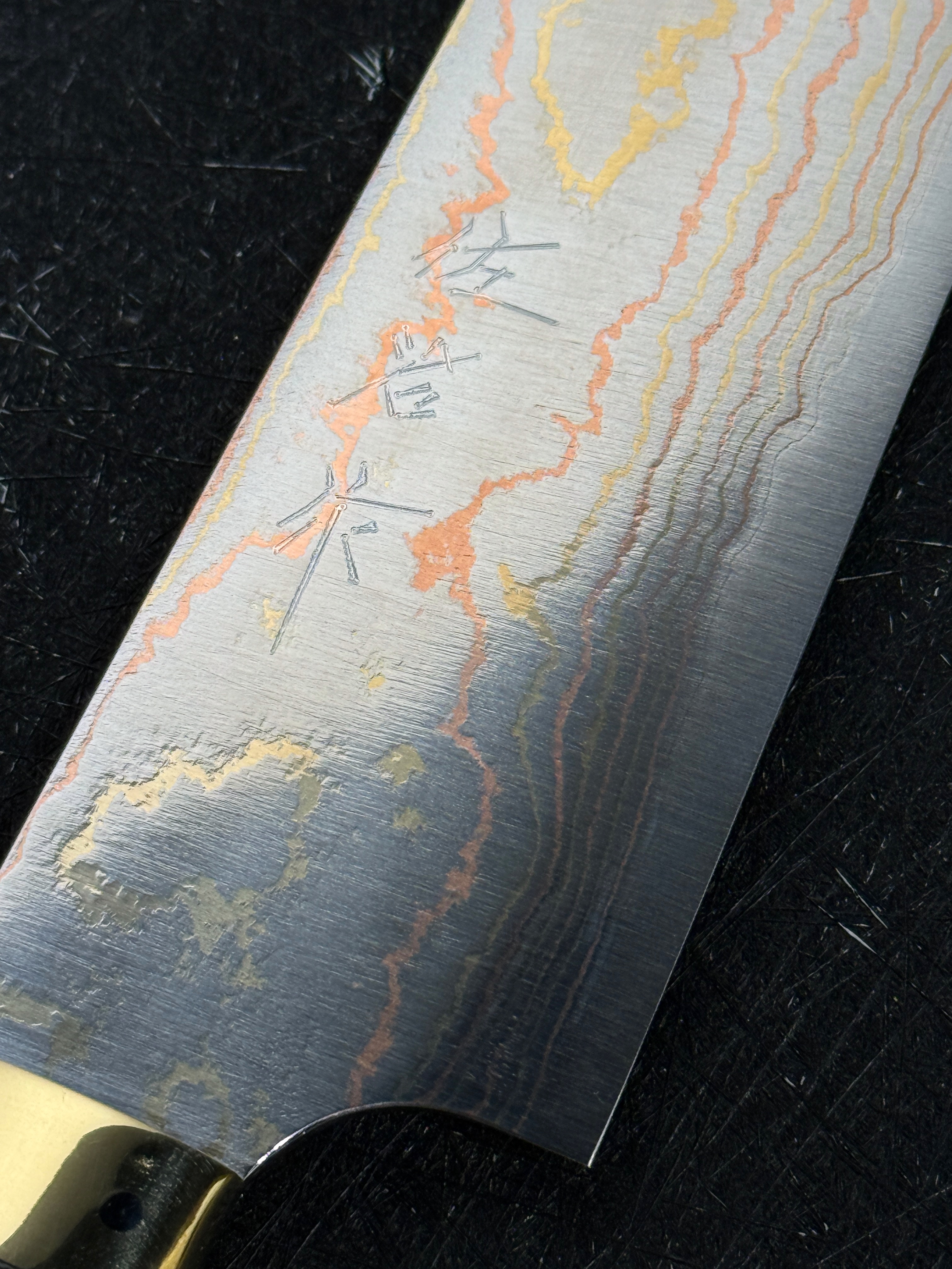 Takeshi Saji Blue2 Rainbow Damascus Sujihiki Western Corian Handle