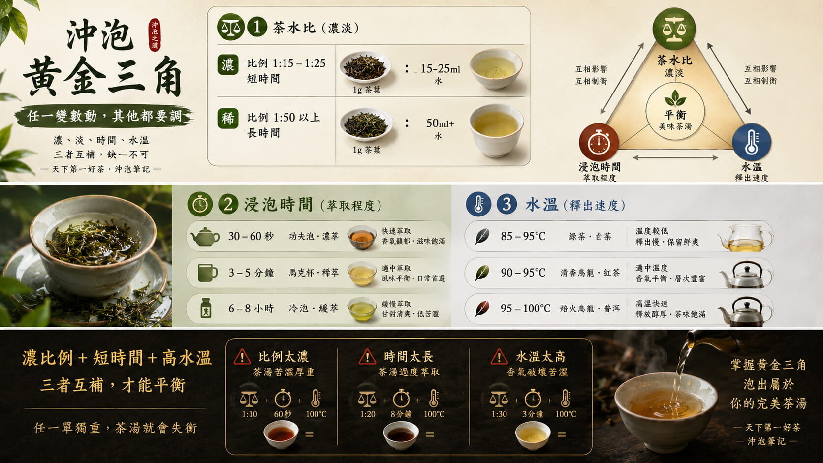 茶水比與時間與水溫沖泡黃金三角圖,比例濃淡、浸泡長短、水溫高低三者互補關係