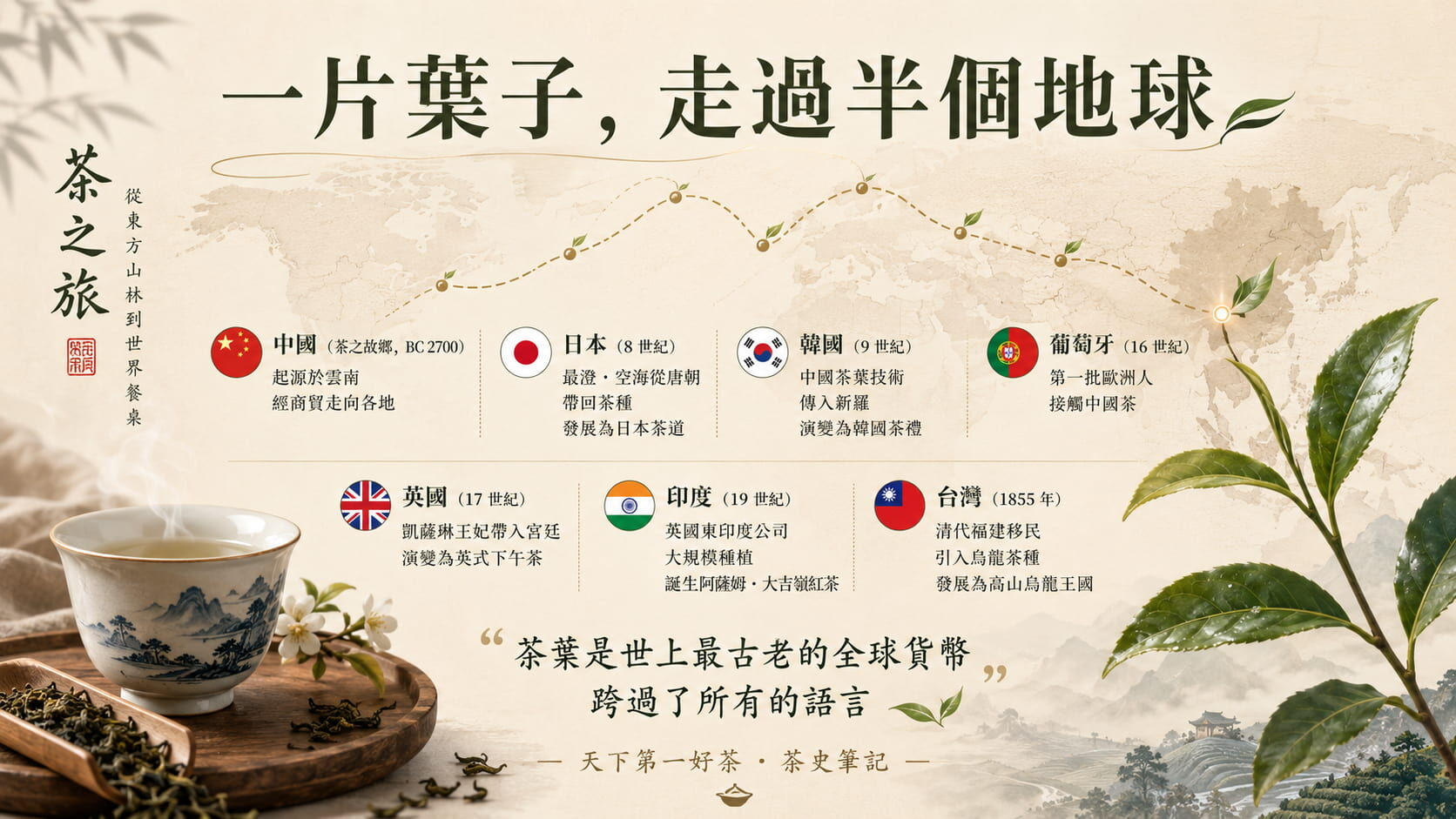 茶葉全球傳播路徑地圖，從中國經日本、韓國、葡萄牙、英國、印度傳至台灣的歷史時間軸