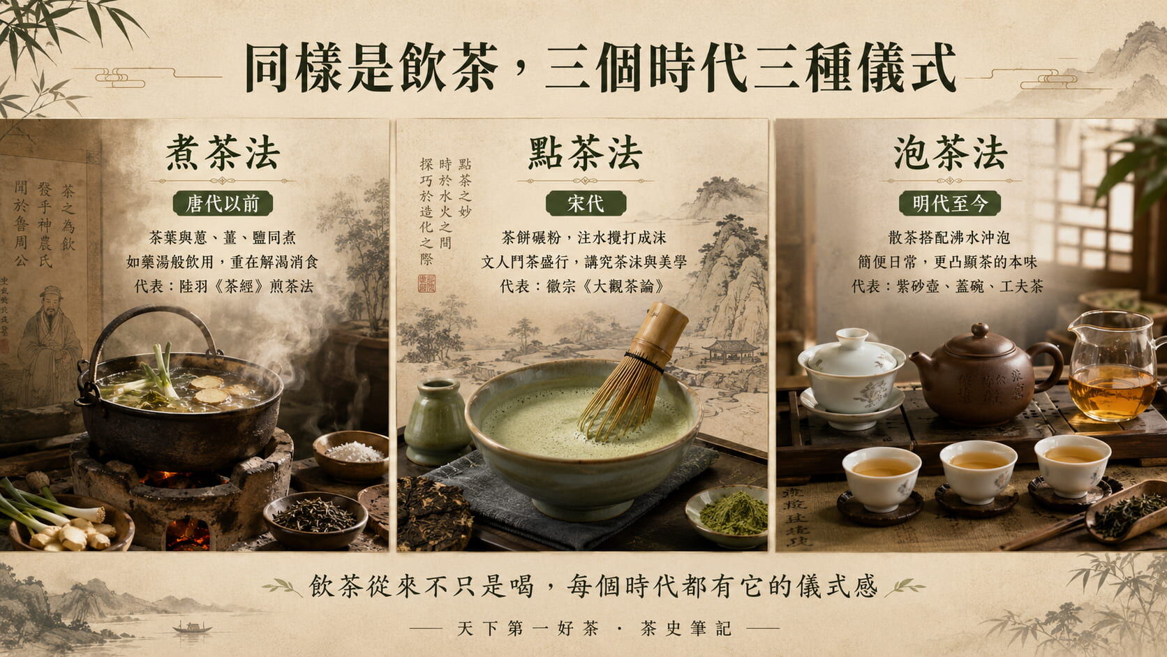 三種飲茶方式千年演變對照圖，唐代以前煮茶法、宋代點茶法、明代泡茶法的器物與儀式差異