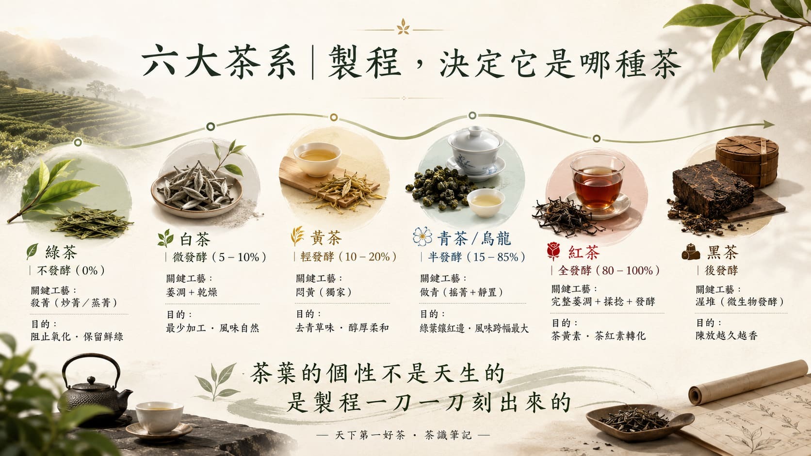六大茶系製程關鍵工藝對照圖,綠茶殺菁、白茶萎凋、黃茶悶黃、青茶做青、紅茶全發酵、黑茶渥堆