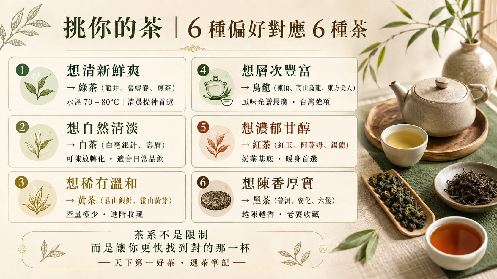 依風味偏好挑選六大茶系決策圖,清新選綠茶、自然選白茶、稀有選黃茶、層次選烏龍、濃郁選紅茶、陳香選黑茶