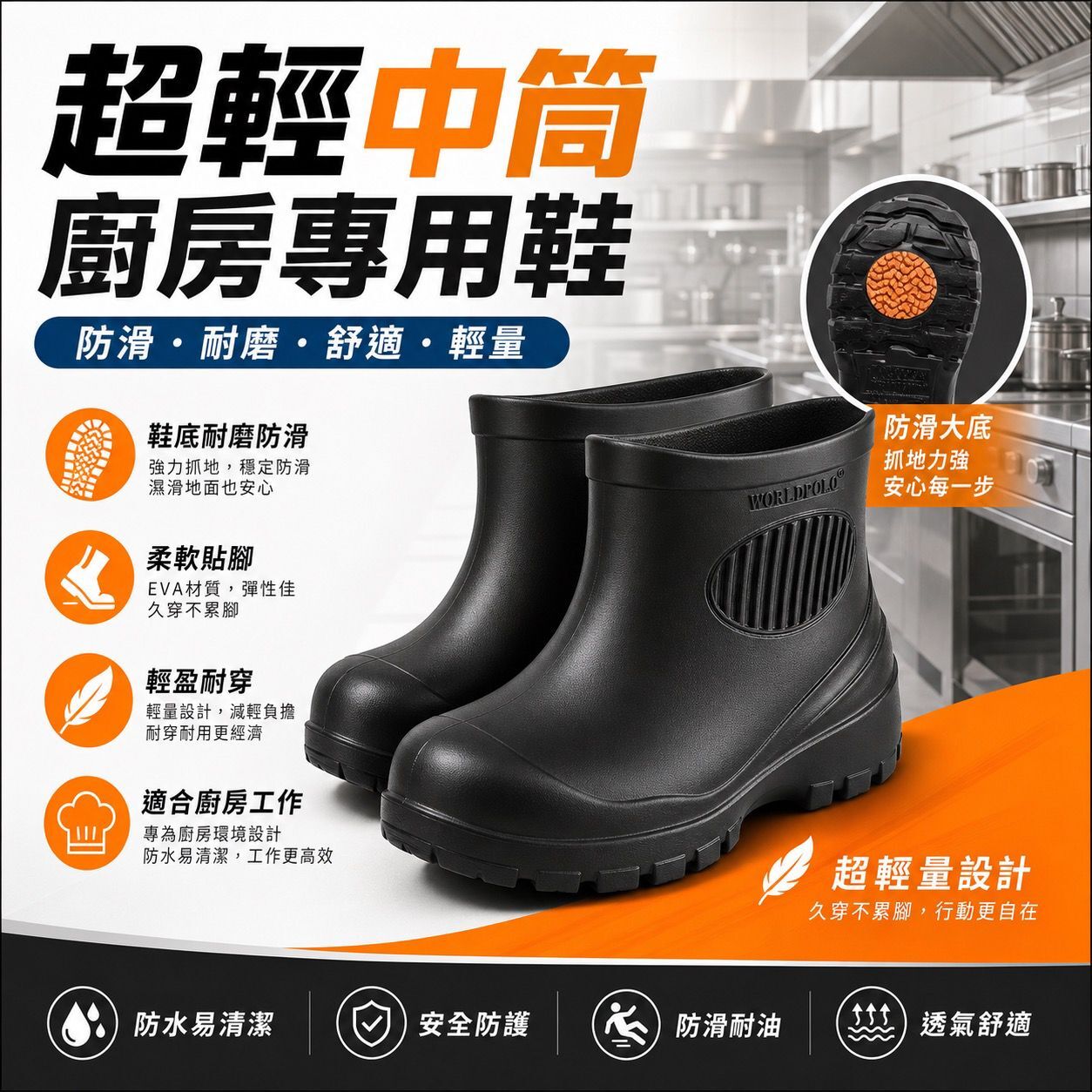 WORLDPOLO 超輕 中筒 廚房鞋 D168