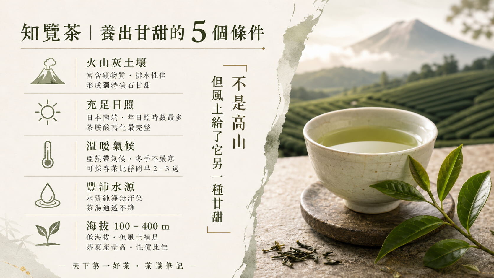 鹿兒島知覽茶五大風土條件圖，火山灰土壤、充足日照、溫暖氣候、豐沛水源、海拔100至400公尺
