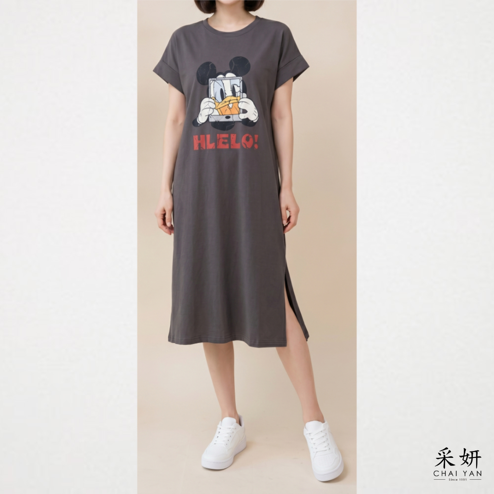 卡通印花摺袖洋裝