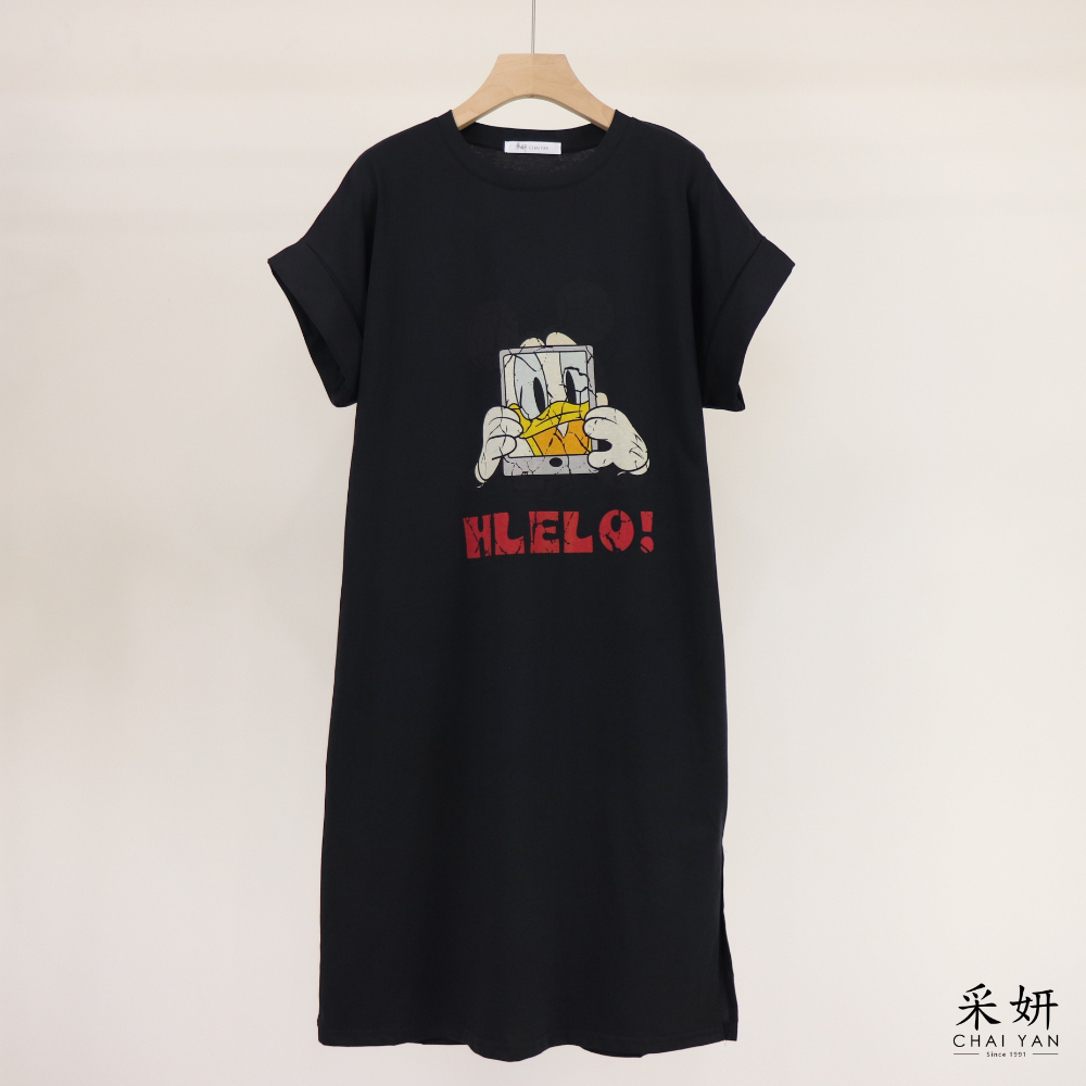 卡通印花摺袖洋裝
