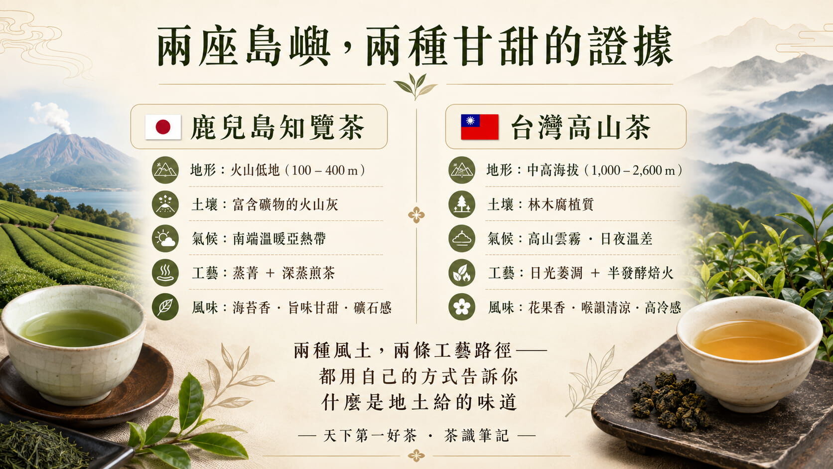 鹿兒島知覽茶與台灣高山茶風土對照圖，地形、土壤、氣候、工藝、風味的跨國比較