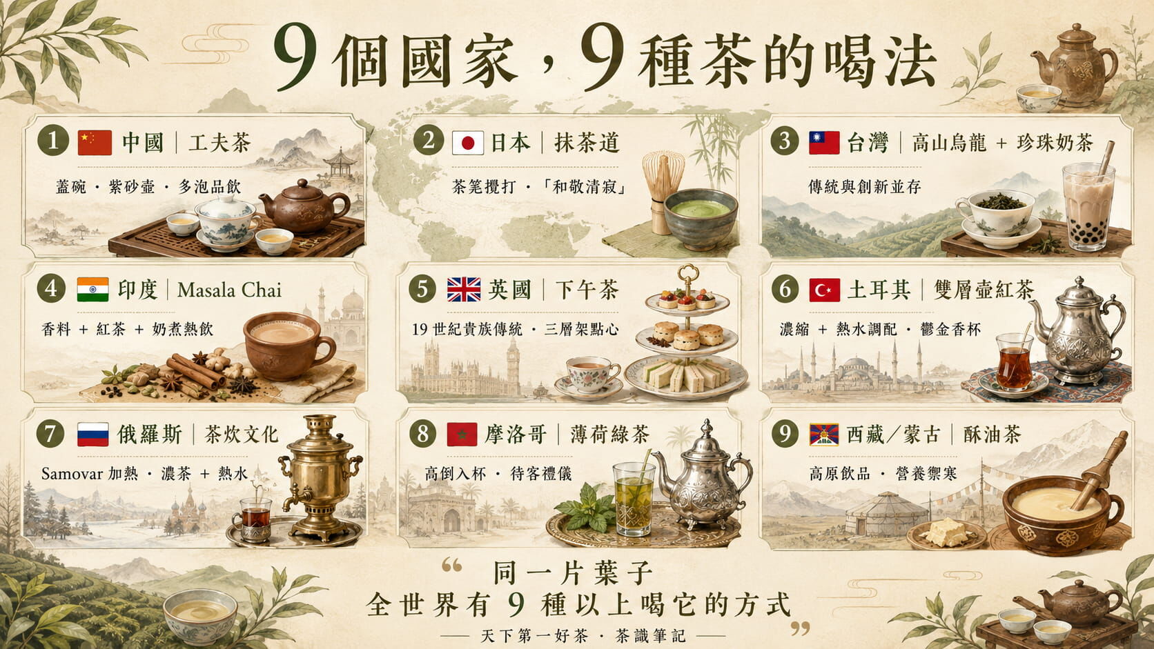 九國飲茶方式總覽圖，中國工夫茶、日本抹茶道、台灣高山烏龍、印度香料奶茶、英國下午茶、土耳其雙層壺、俄羅斯茶炊、摩洛哥薄荷茶、西藏酥油茶