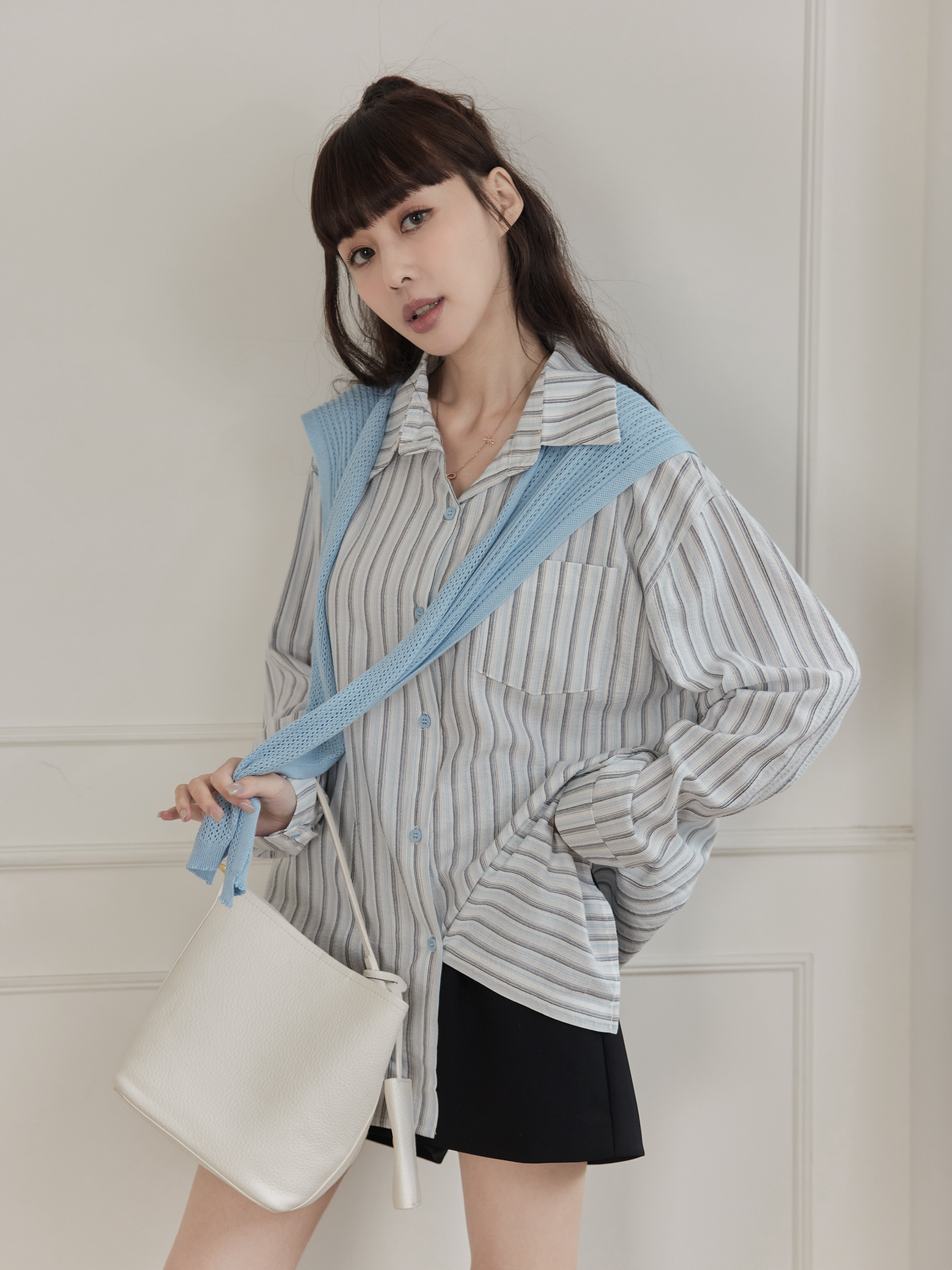 Fine Striped Embroidered Shirt with Matching Shawl