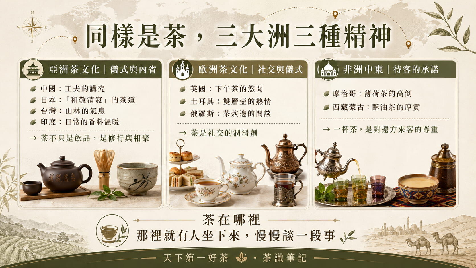三大洲茶文化精神對照圖，亞洲儀式與內省、歐洲社交與儀式、非洲中東待客的承諾