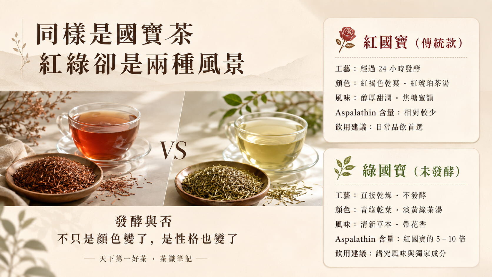 紅國寶與綠國寶南非國寶茶對照圖，工藝、顏色、風味、Aspalathin 含量、飲用建議的差異