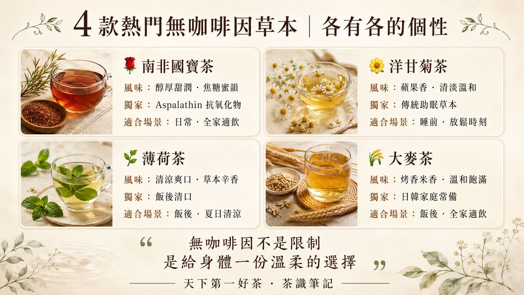 四款無咖啡因草本茶對照圖，南非國寶茶、洋甘菊、薄荷、大麥茶的風味、特色、適合場景比較
