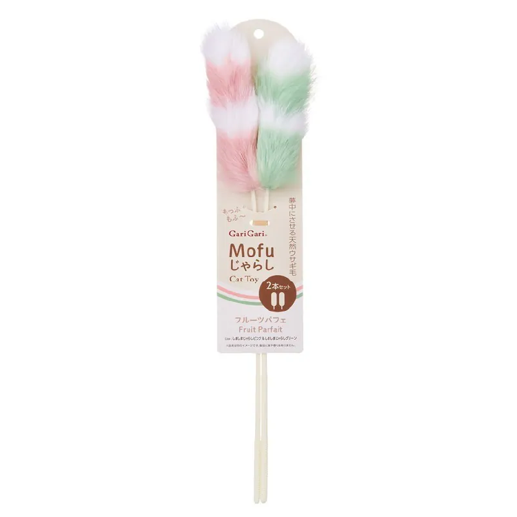 Mofu Cat Toy  | 純兔毛雙色雙間逗貓棒 （粉綠白色）
