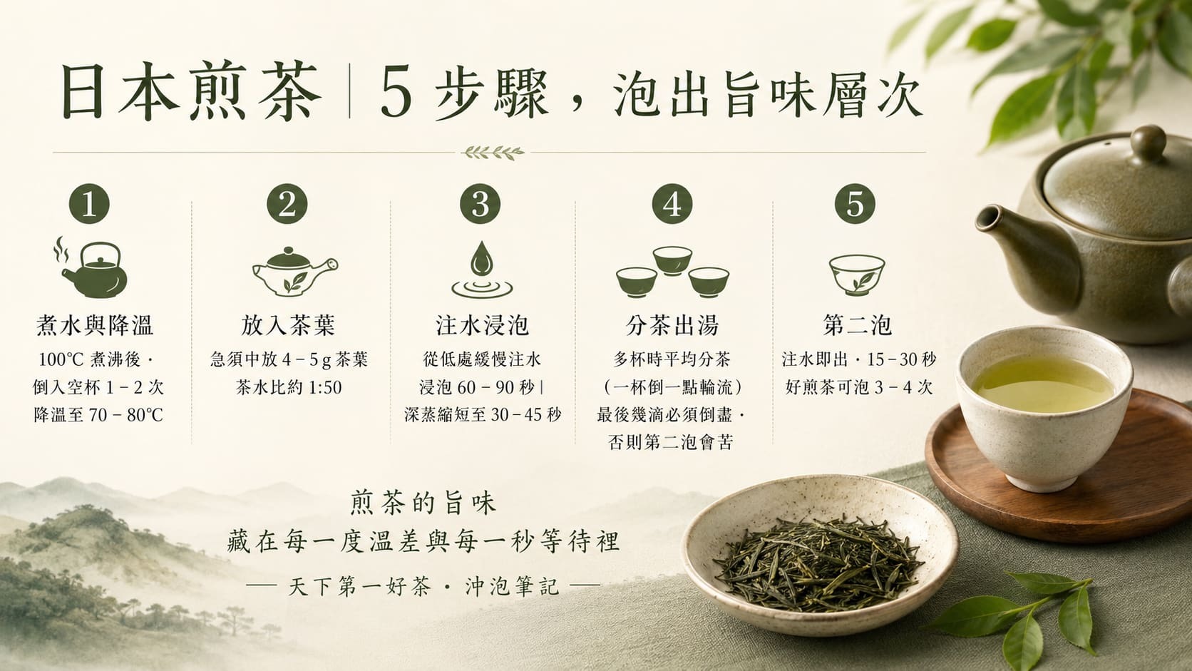日本煎茶五步驟沖泡流程圖,煮水降溫、放入茶葉、注水浸泡、分茶出湯、第二泡的完整教學