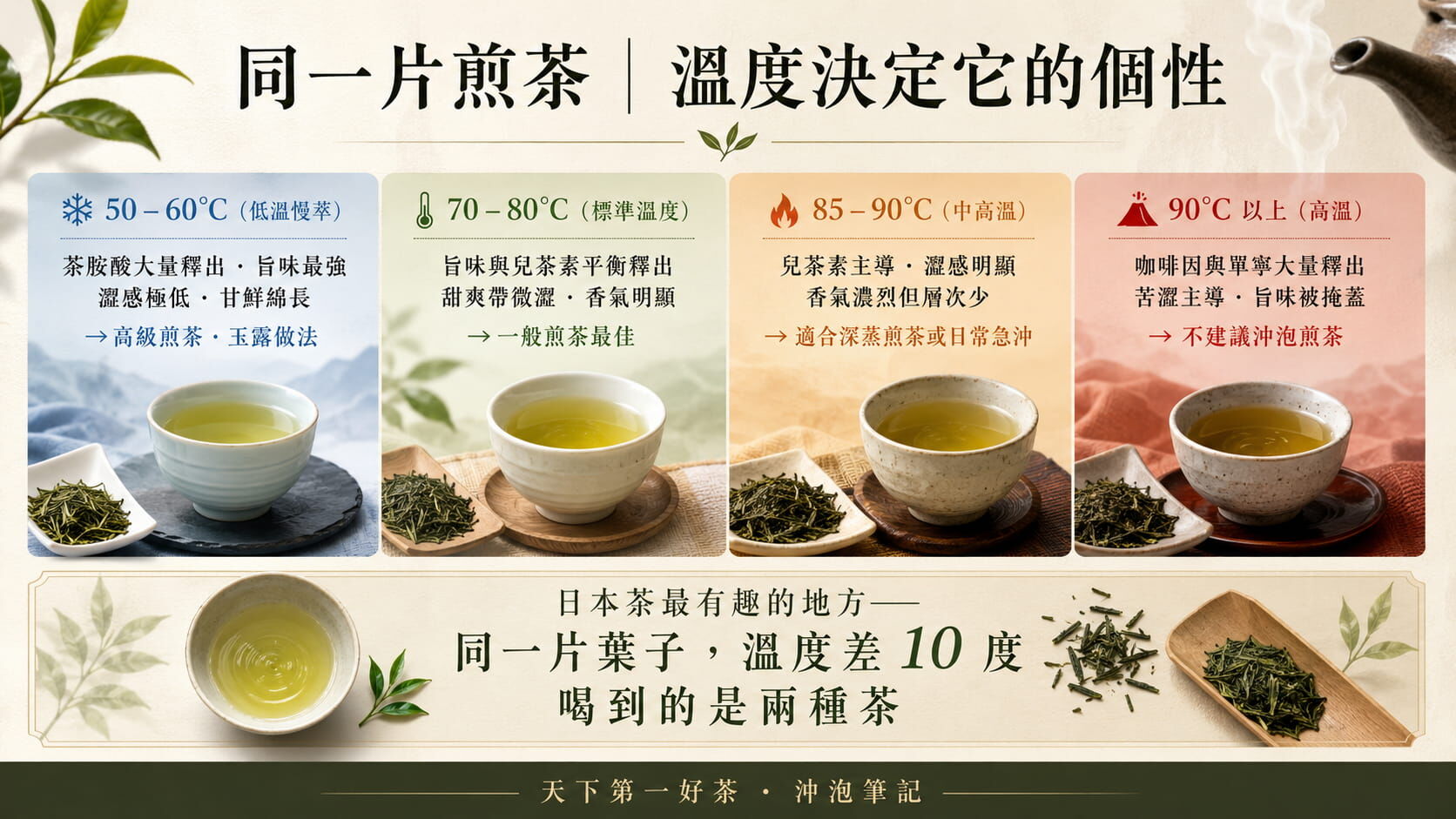 日本煎茶水溫對風味影響光譜圖,50至60度低溫慢萃旨味最強、70至80度標準、85至90度中高溫、90度以上不建議