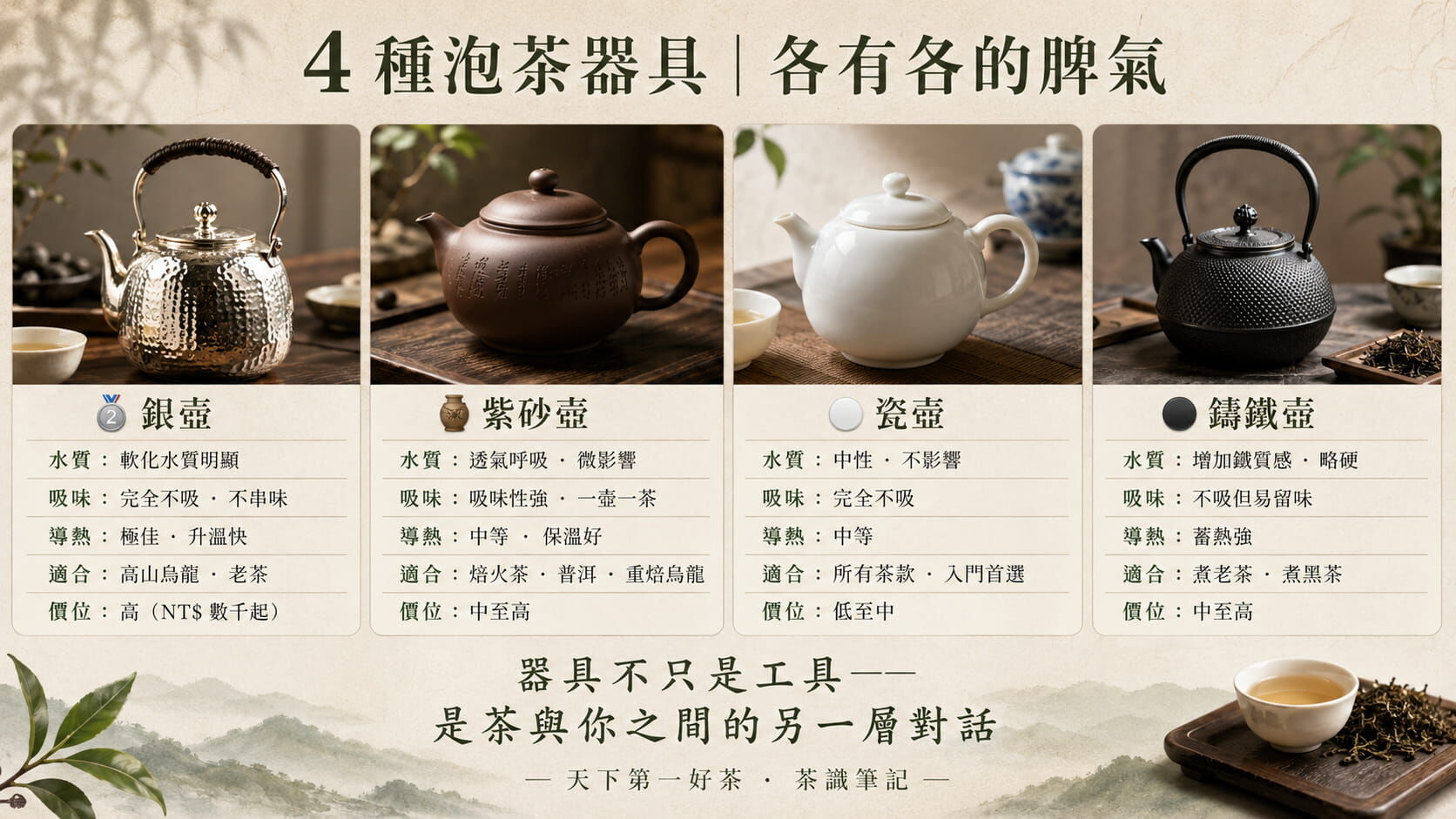 四種泡茶器具完整對照圖,銀壺、紫砂壺、瓷壺、鑄鐵壺的水質、吸味、導熱、保溫、適用茶款、價位比較