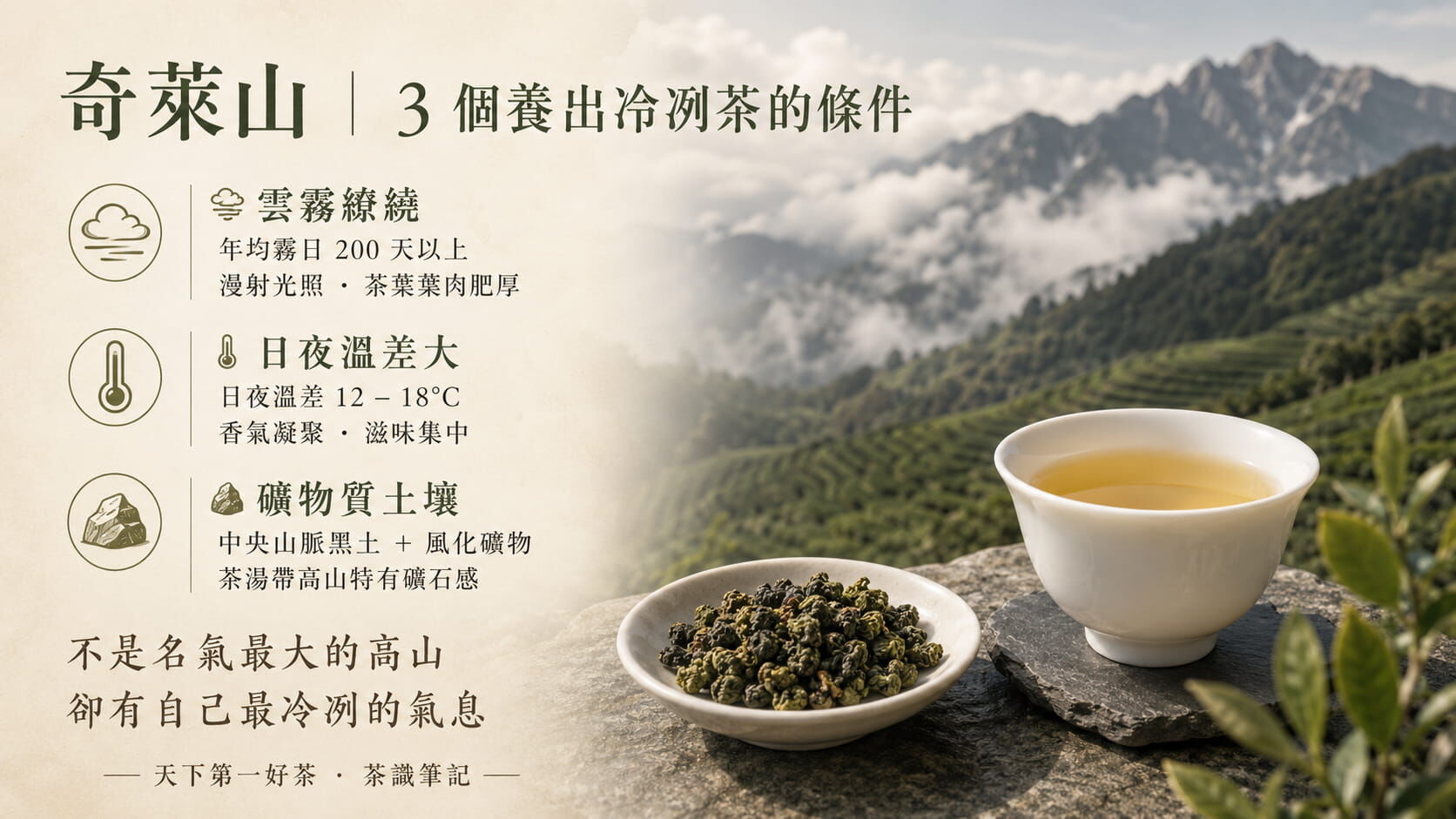 奇萊山高山茶三大環境條件圖,雲霧繚繞、日夜溫差12至18度、中央山脈礦物質土壤