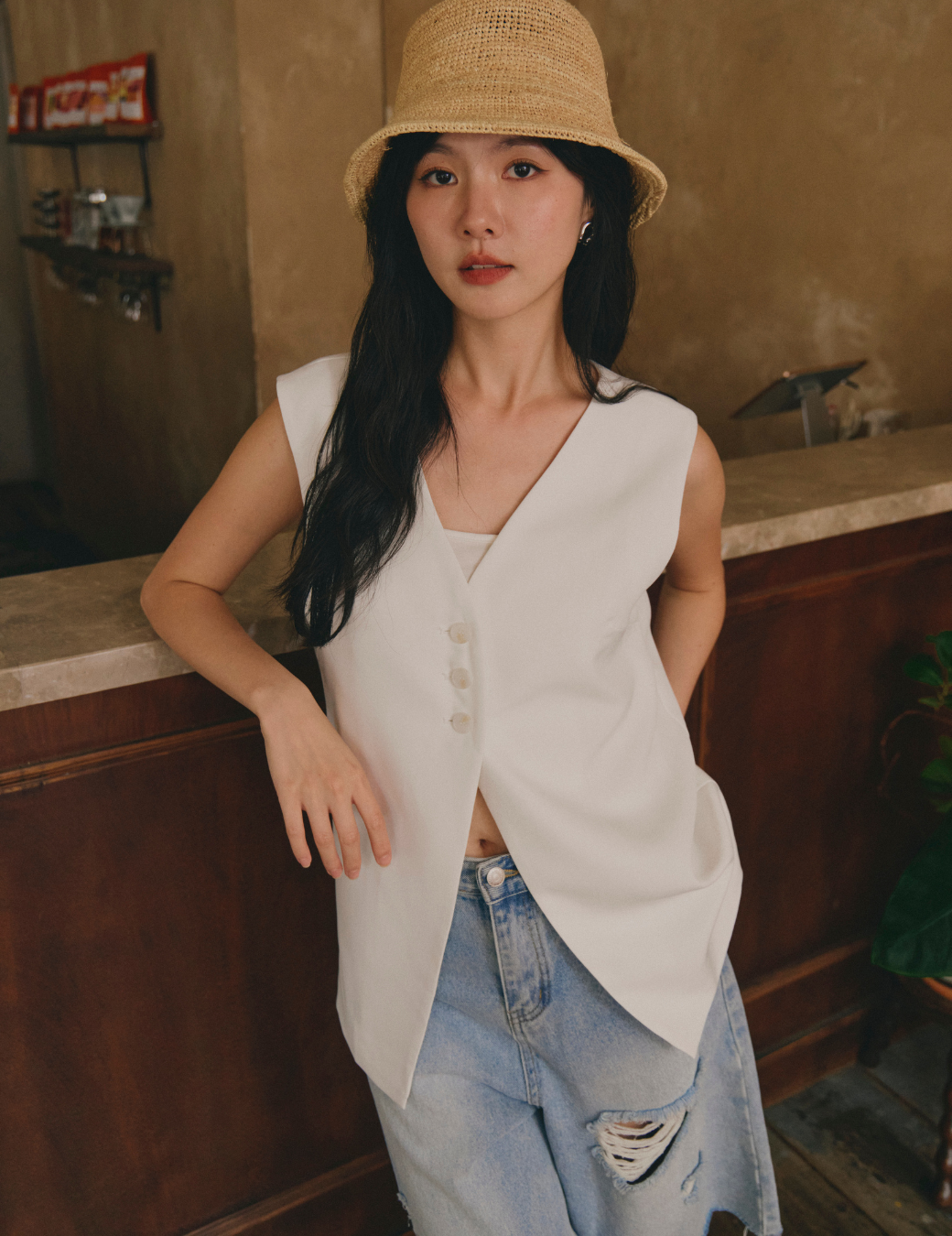 無袖簡約西裝背心（白色/3尺寸）
