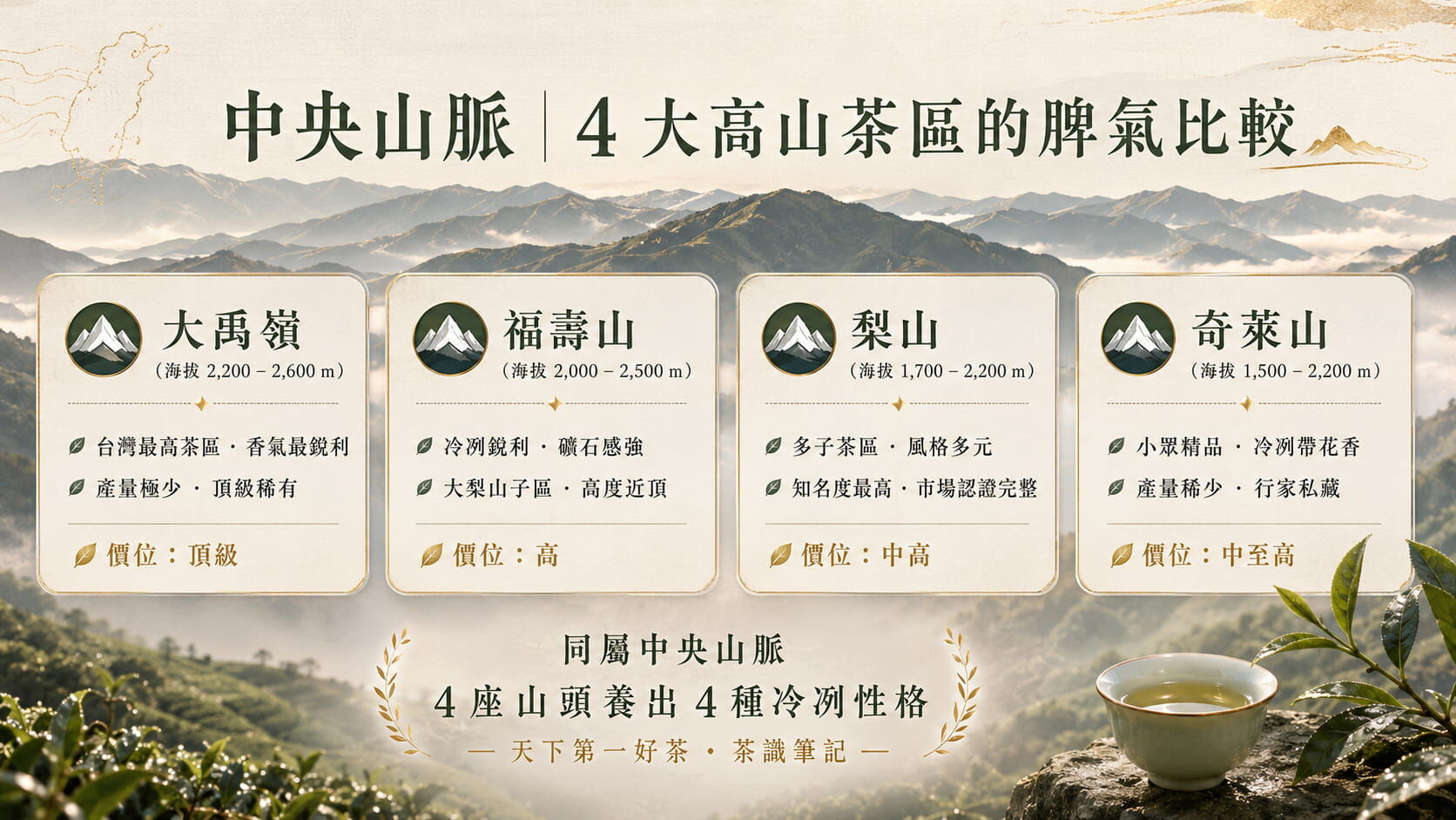 中央山脈四大高山茶區對照圖,大禹嶺、福壽山、梨山、奇萊山的海拔、風味、知名度、價位比較