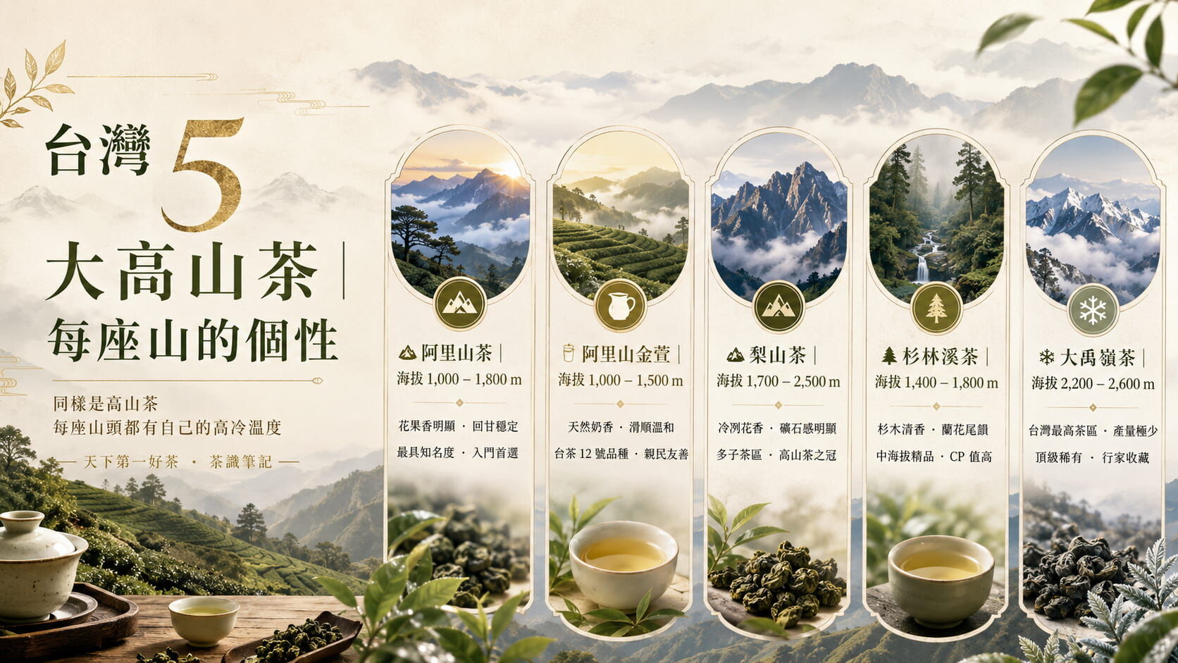 台灣五大高山茶速覽圖,阿里山、阿里山金萱、梨山、杉林溪、大禹嶺的海拔、風味與定位