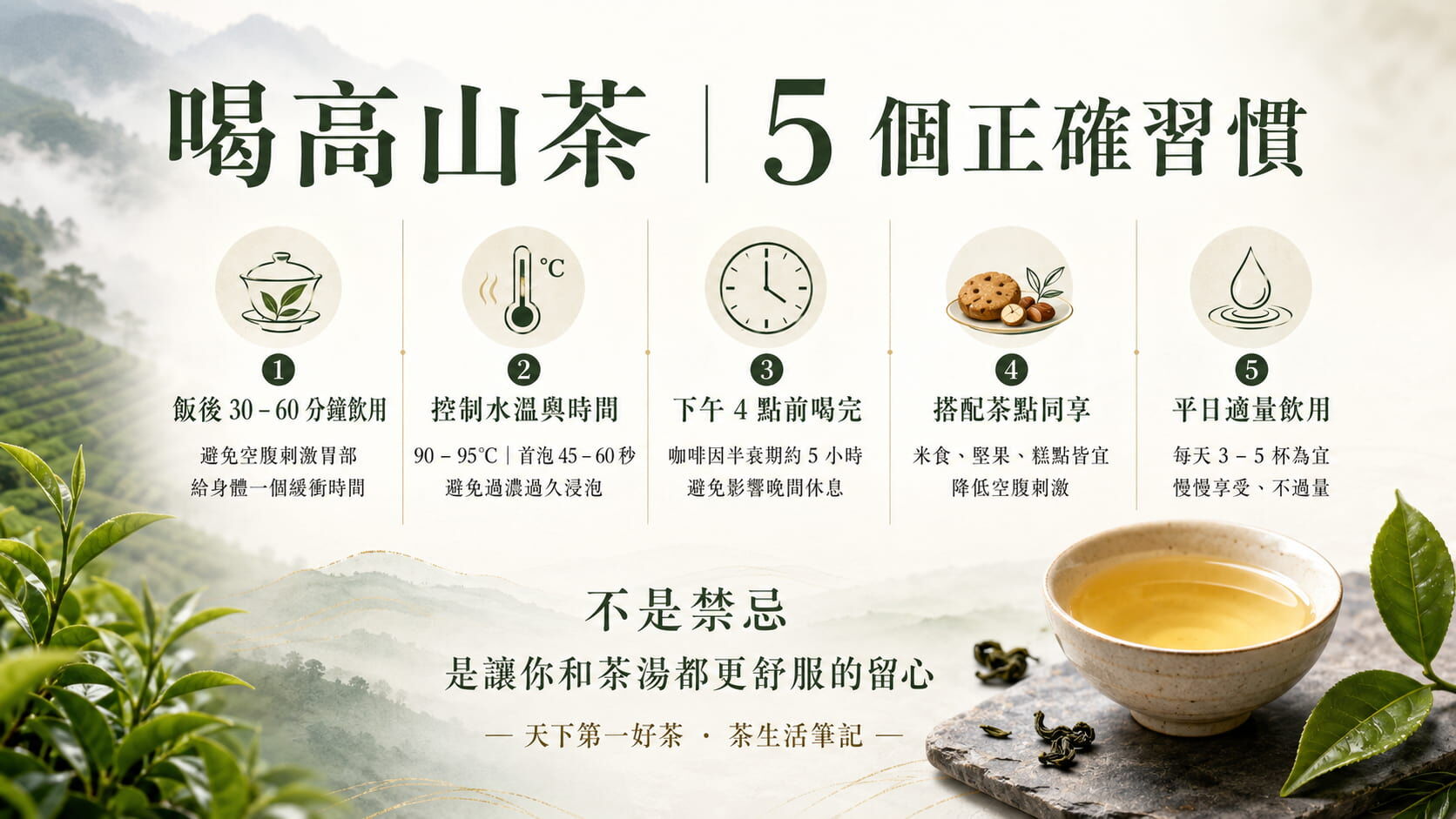 喝高山茶五個正確飲用習慣圖,飯後30至60分鐘、控制水溫時間、下午4點前、搭配茶點、適量飲用
